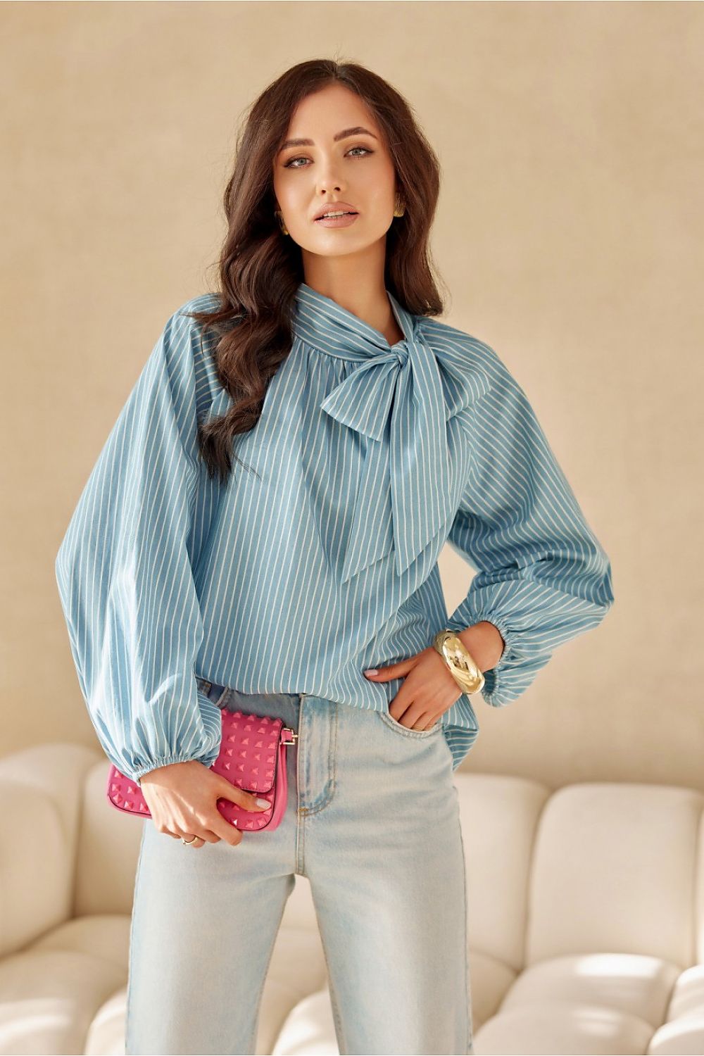 Roco Fashion Cotton Blouse with Long Puffy Sleeves, Decorative Lacing - Sizes EU 36 to 40