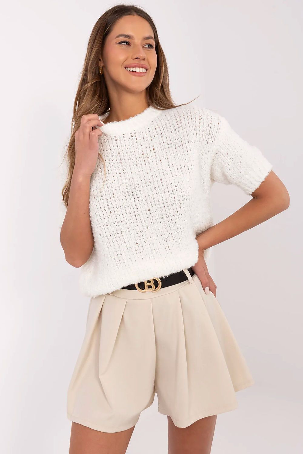 Luxury Women's Short Sleeve Sweater by Italy Moda, EU Size 0, Elegant Acrylic-Wool Blend
