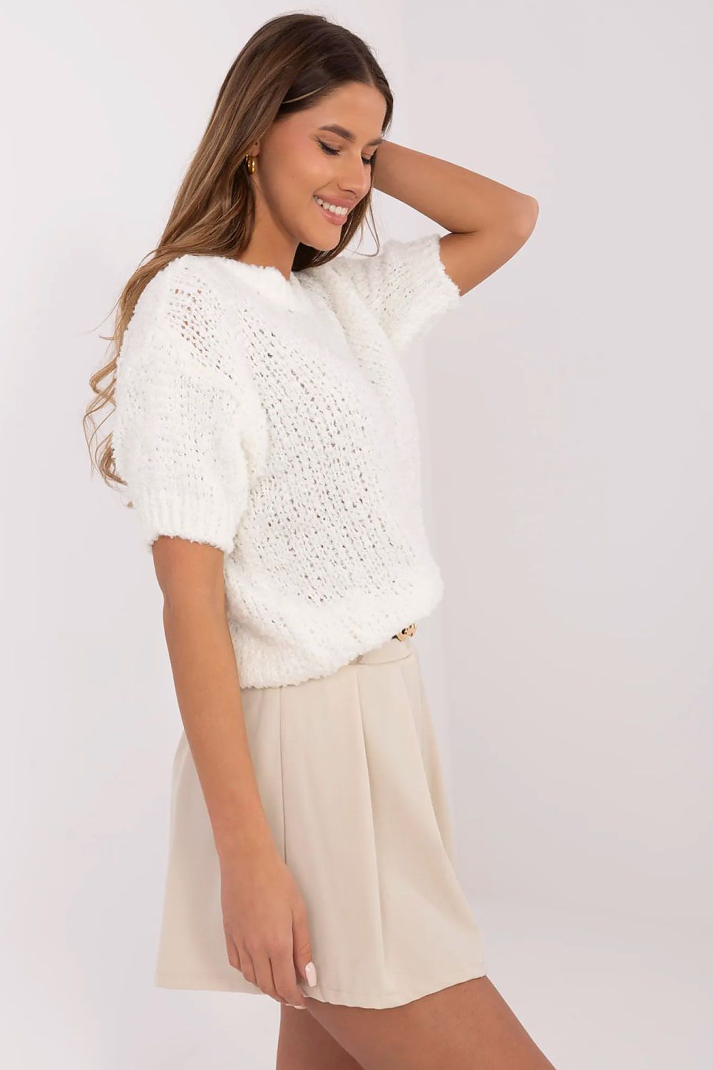 Luxury Women's Short Sleeve Sweater by Italy Moda, EU Size 0, Elegant Acrylic-Wool Blend