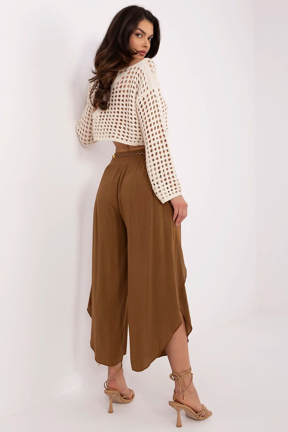 Och Bella Women's High-Waist Trousers with Decorative Waist Tie - Airy Viscose Style