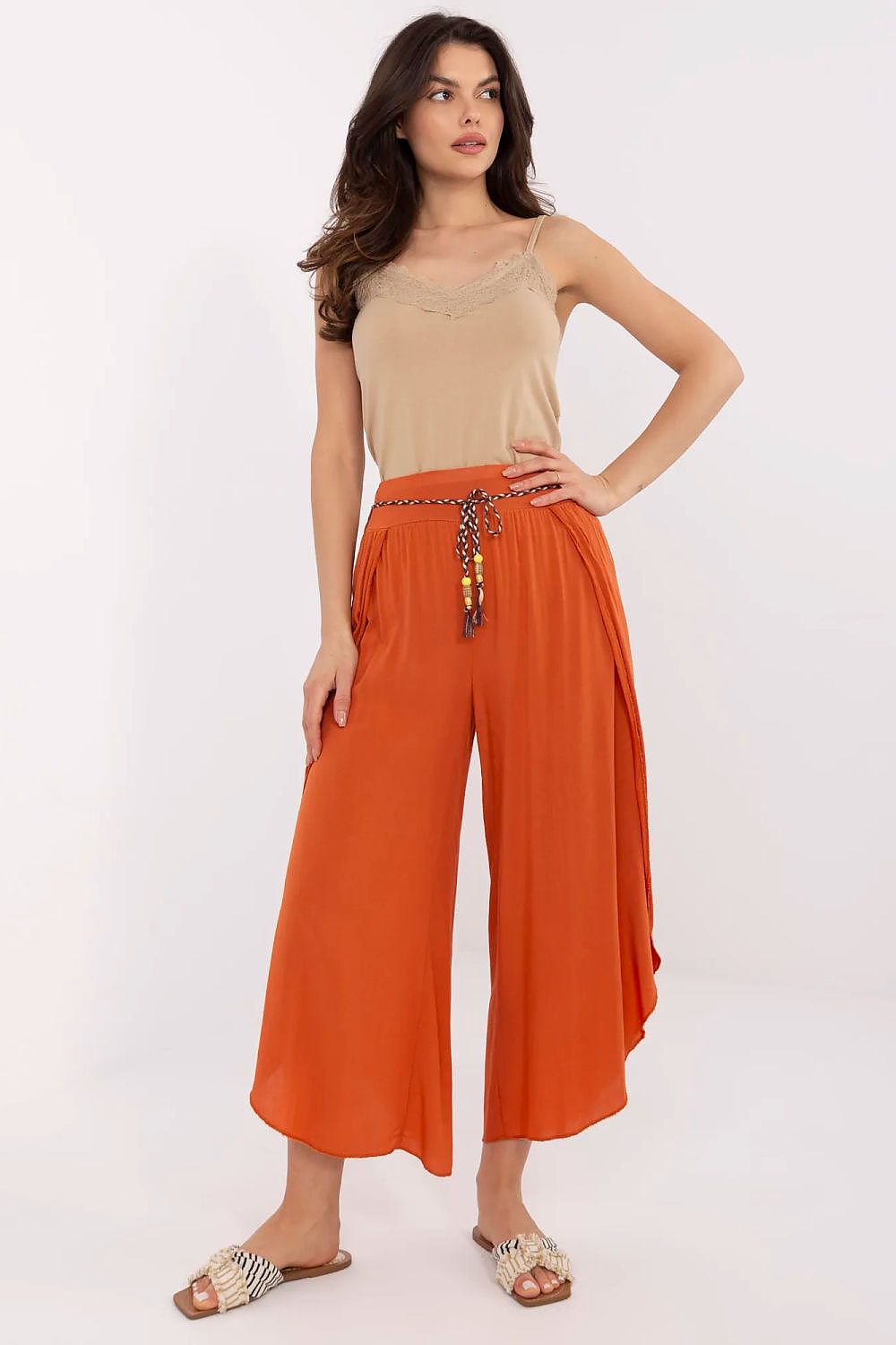 Och Bella Women's High-Waist Trousers with Decorative Waist Tie - Airy Viscose Style