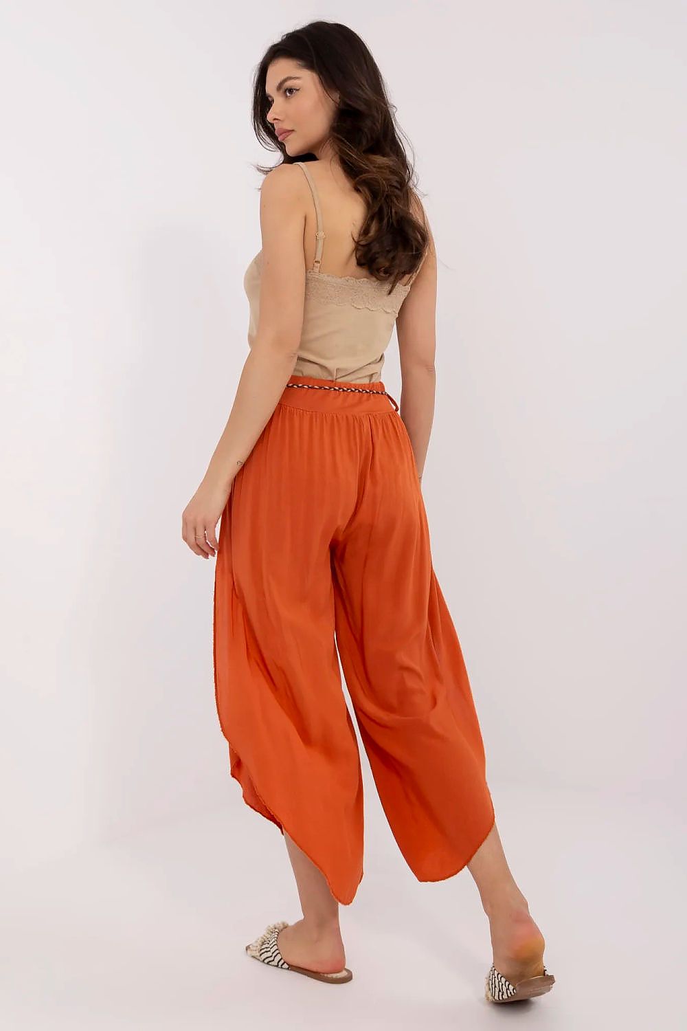 Och Bella Women's High-Waist Trousers with Decorative Waist Tie - Airy Viscose Style