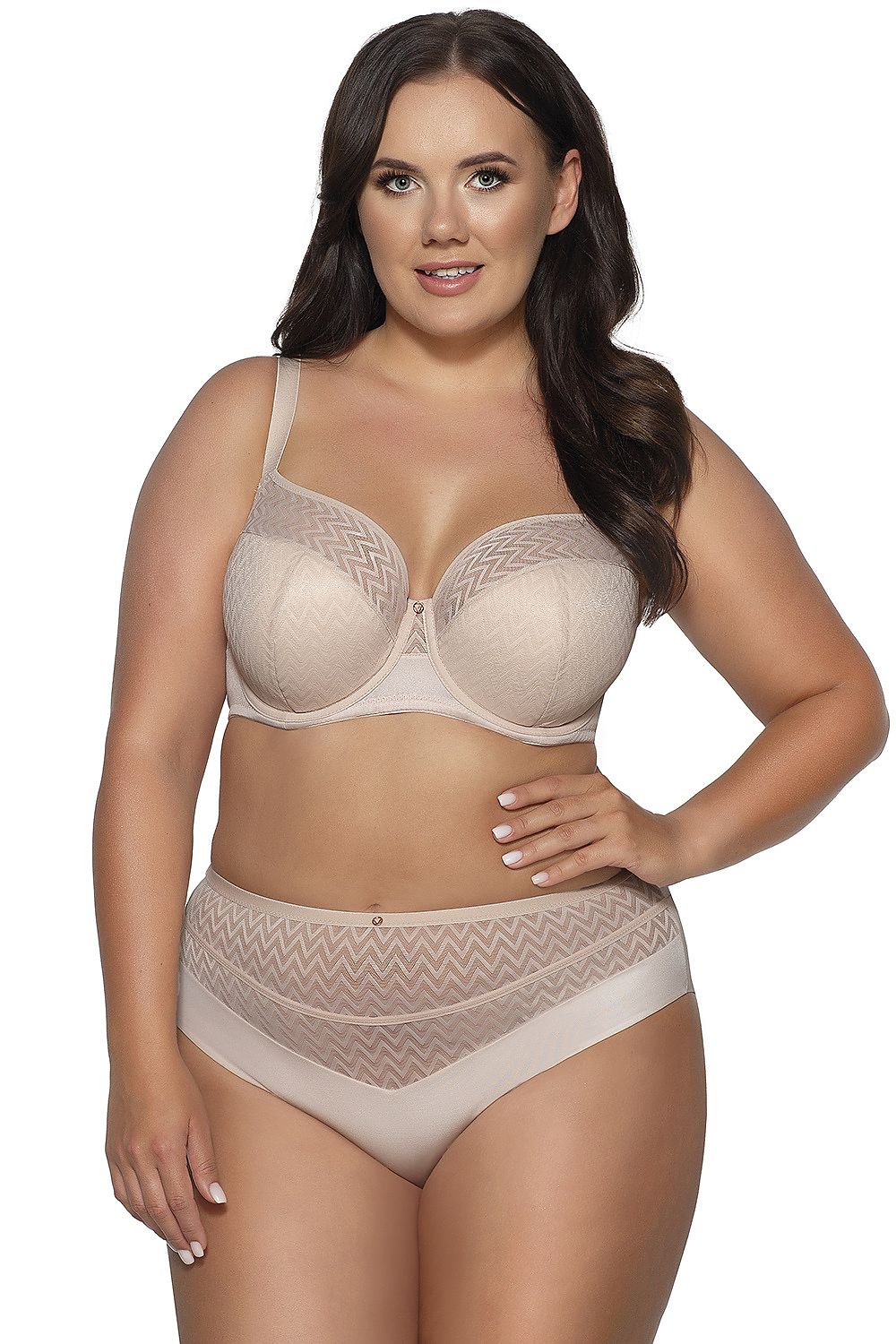 Ava Innesa 2102 Semi-Padded Bra - Elegant Beige & Black Zig-Zag Lace Design, Perfect Support