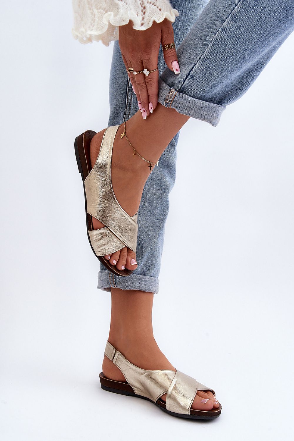 Elegant Natural Leather Women's Sandals With Open Heel And Toe, Comfortable Flat Design