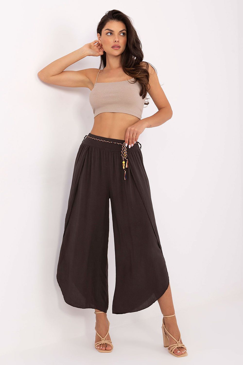 Och Bella Women's High-Waist Trousers with Decorative Waist Tie - Airy Viscose Style