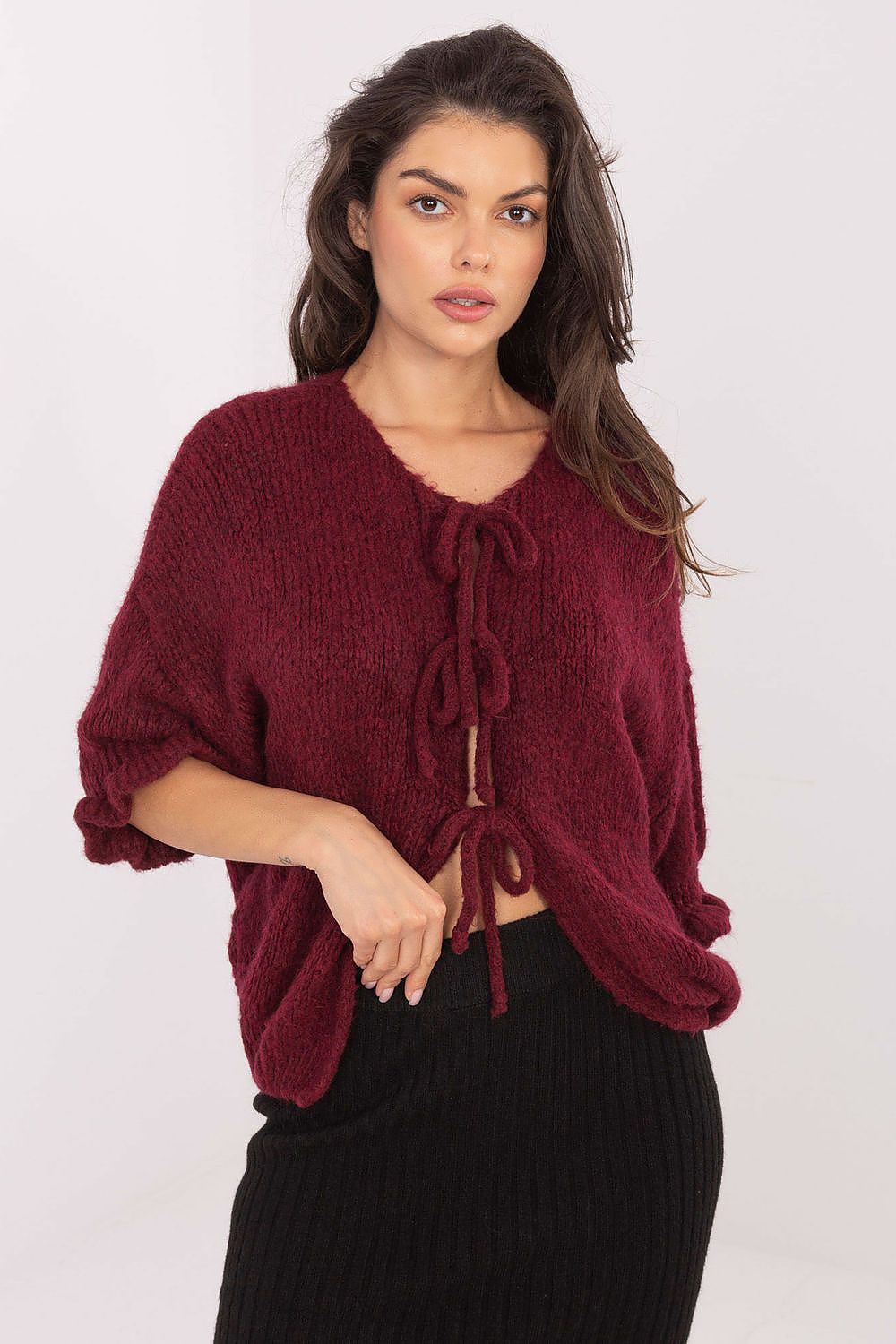 Elegant Women's Casual Cardigan Sweater with Three-Tie Binding and 3/4 Sleeves by Italy Moda