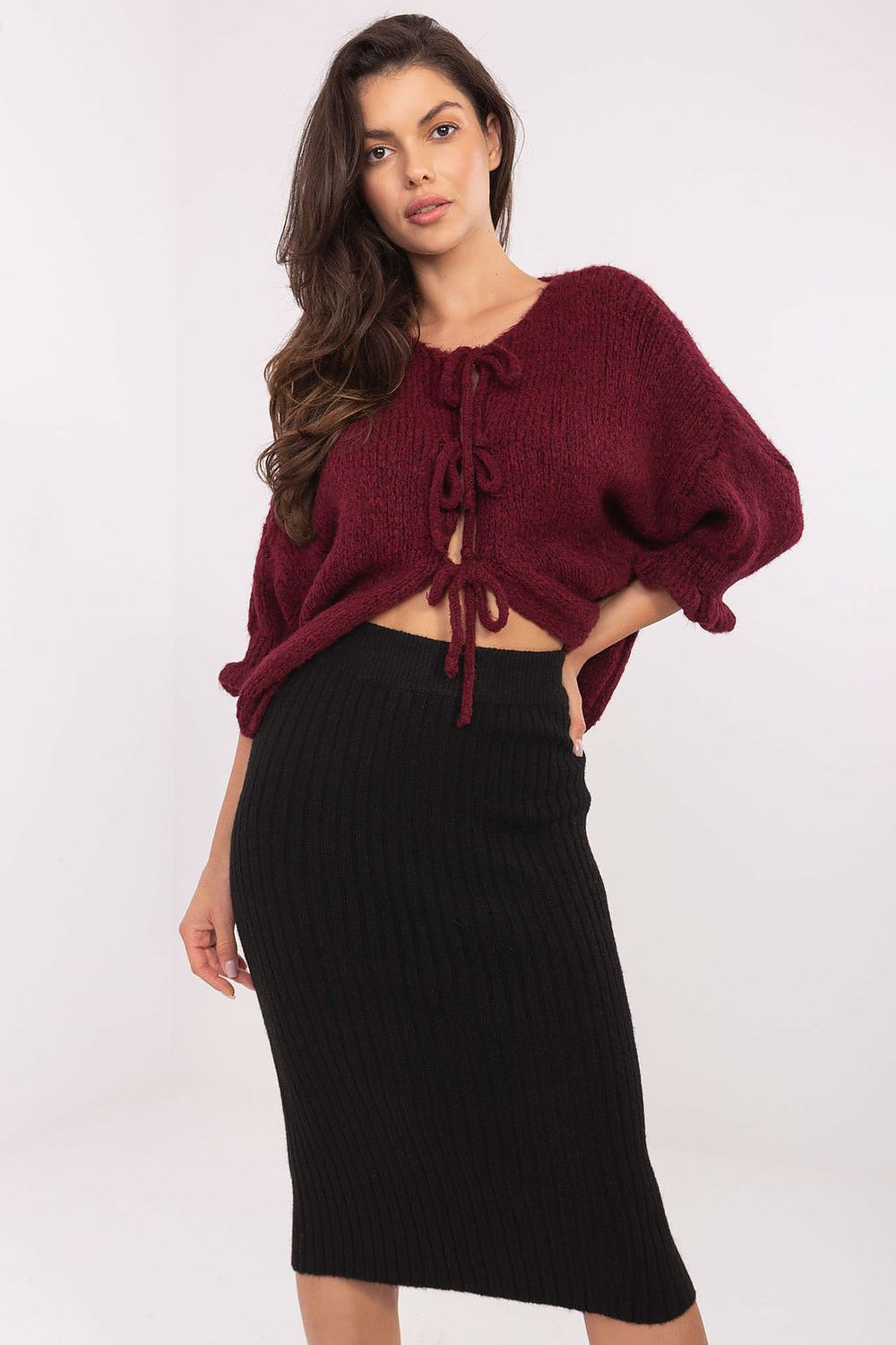 Elegant Women's Casual Cardigan Sweater with Three-Tie Binding and 3/4 Sleeves by Italy Moda