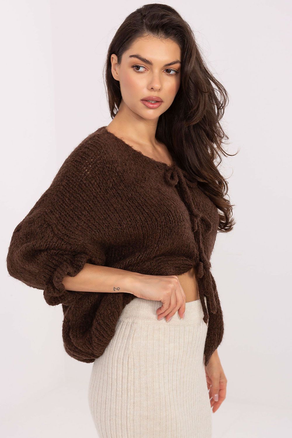 Elegant Women's Casual Cardigan Sweater with Three-Tie Binding and 3/4 Sleeves by Italy Moda