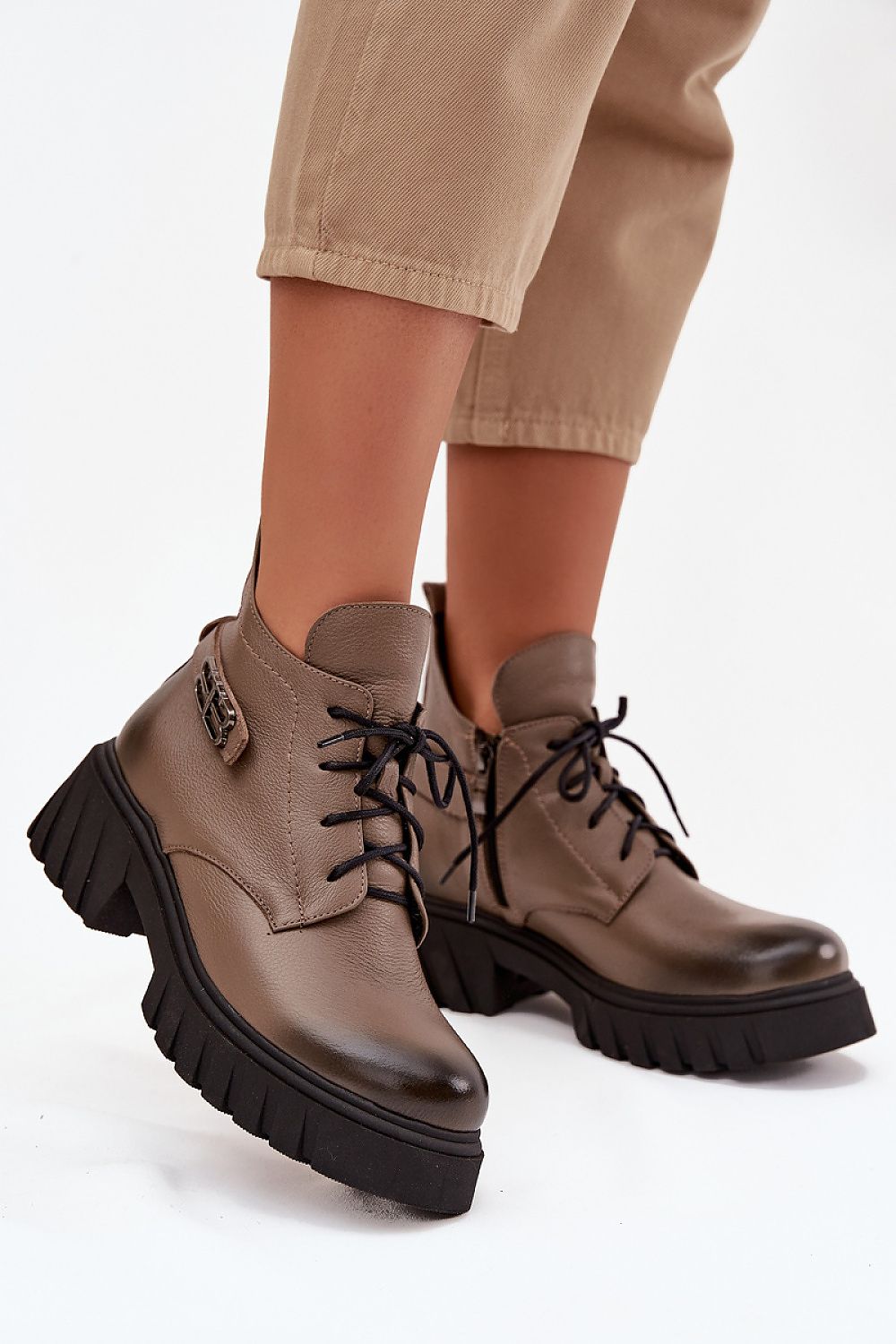 Women's Luxury Natural Leather Zip Laced Insulated Boots with Rounded Toecaps - 13 cm Height