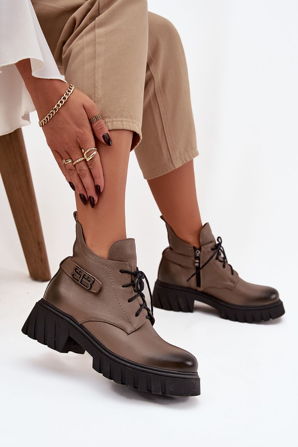 Women's Luxury Natural Leather Zip Laced Insulated Boots with Rounded Toecaps - 13 cm Height