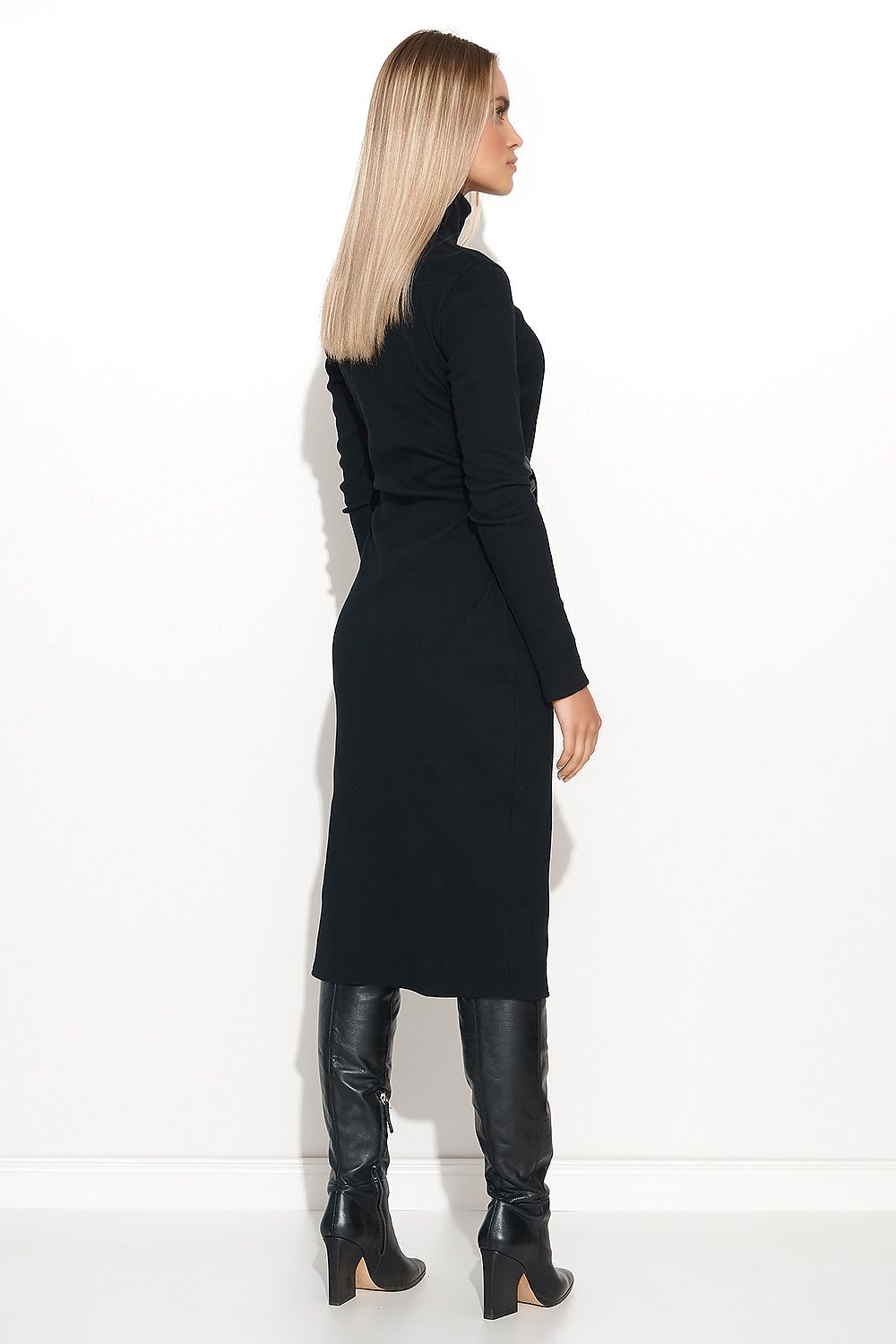 Makadamia Ribbed Knit Daydress - Knee-Length Turtleneck Dress with Eco-Leather Straps, Sizes EU 36-42