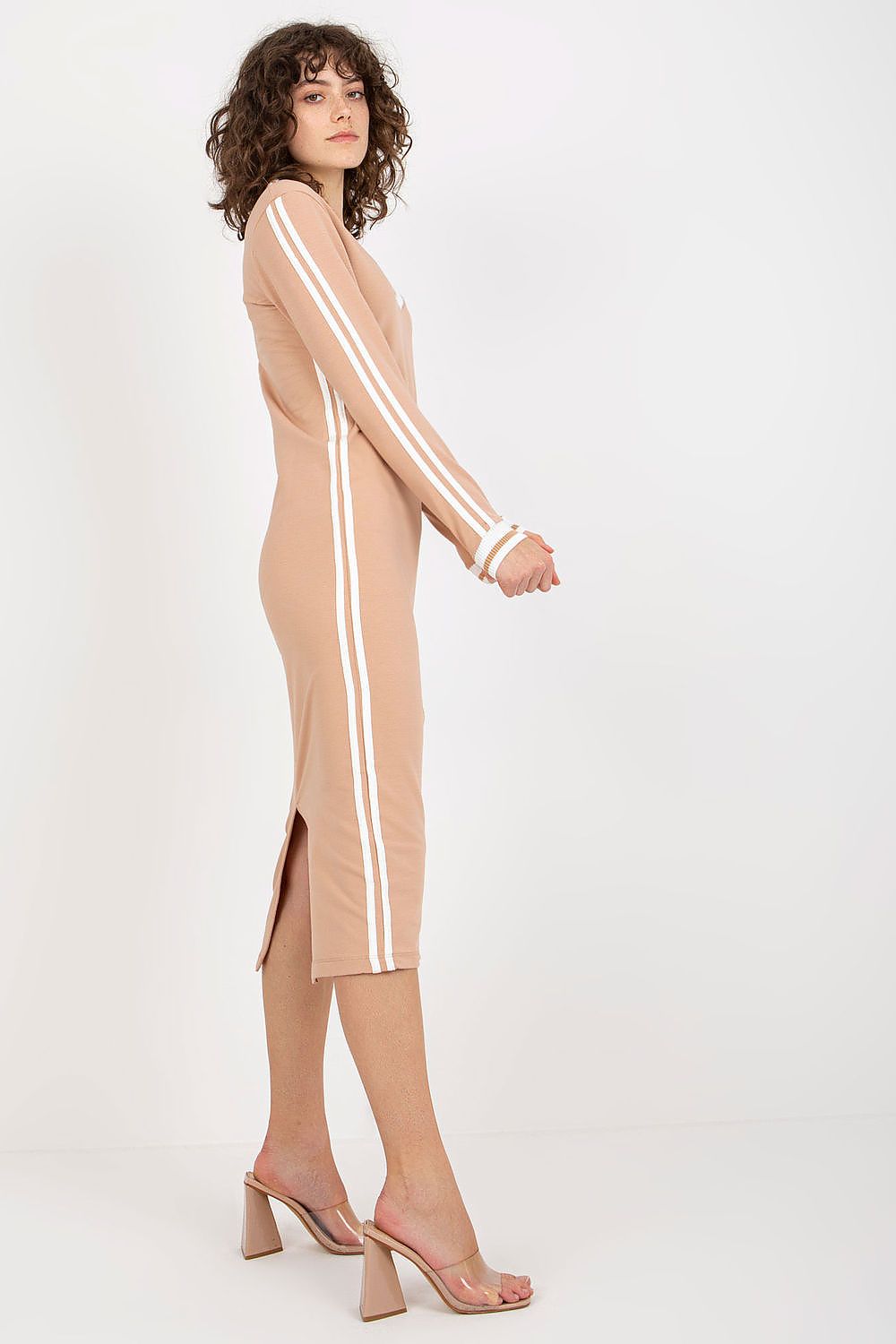 Elegant Pencil Cut Daydress with Long Sleeves and V-Neck, Cotton & Spandex Blend