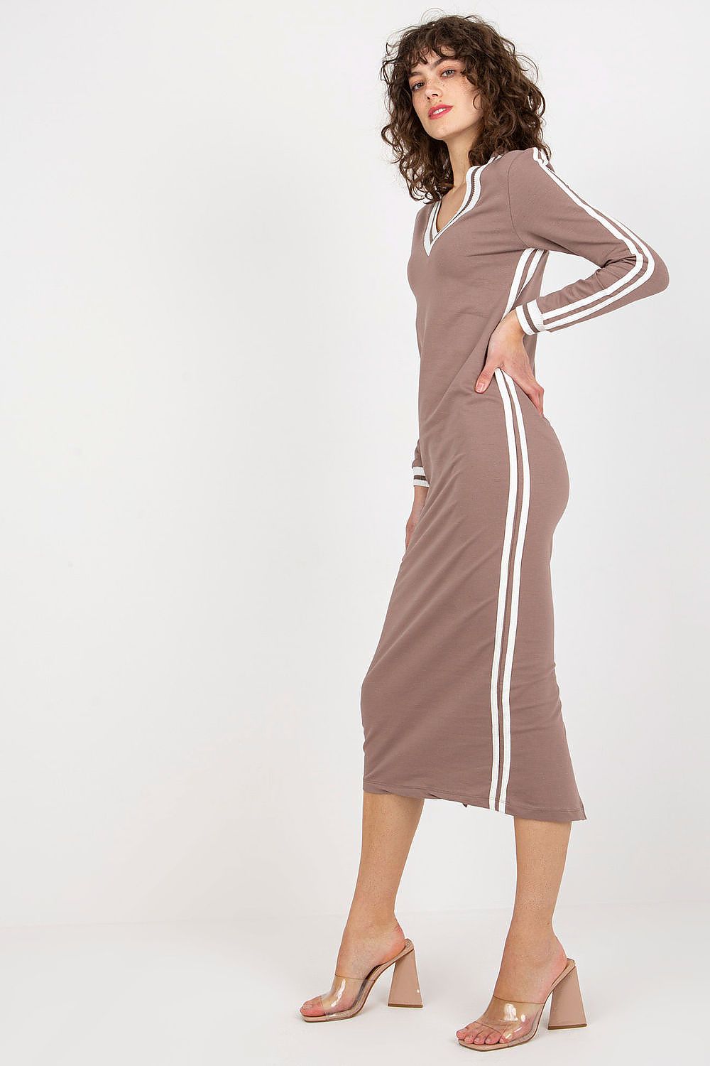Elegant Pencil Cut Daydress with Long Sleeves and V-Neck, Cotton & Spandex Blend