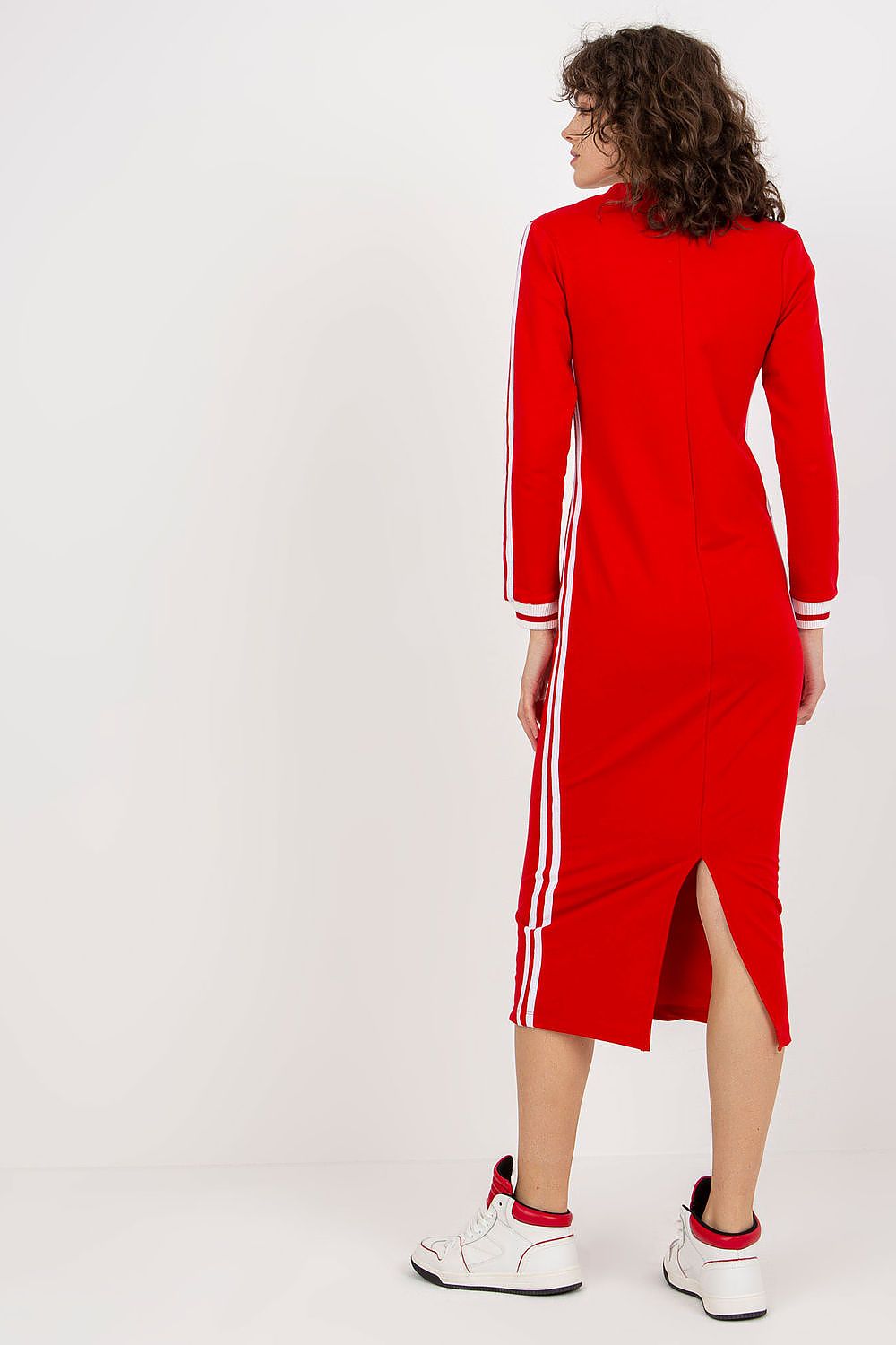 Elegant Pencil Cut Daydress with Long Sleeves and V-Neck, Cotton & Spandex Blend