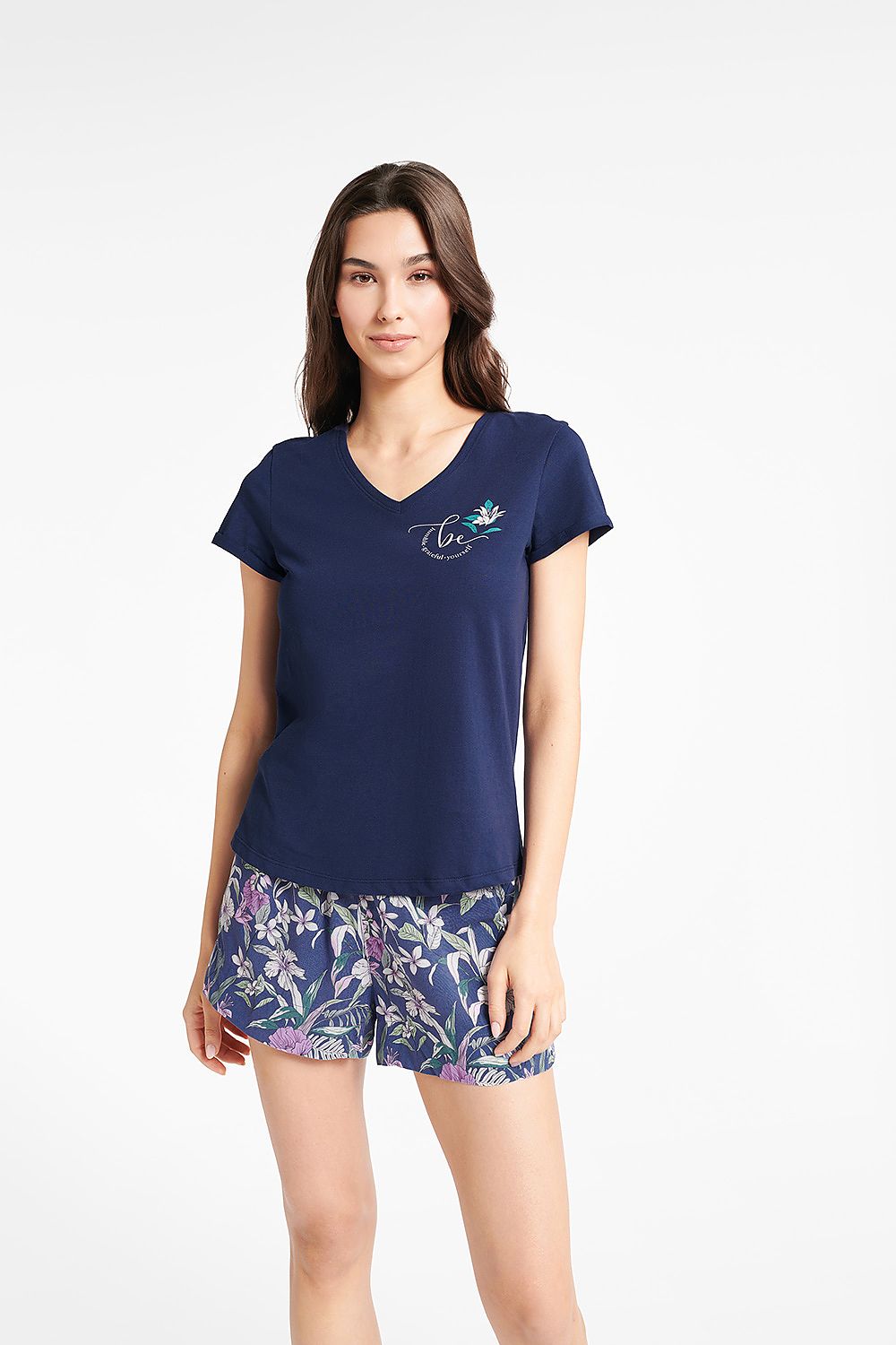 Bluebird Women's Cotton Pyjamas Set - V-Neck T-Shirt & Floral Shorts - Stylish Nightwear