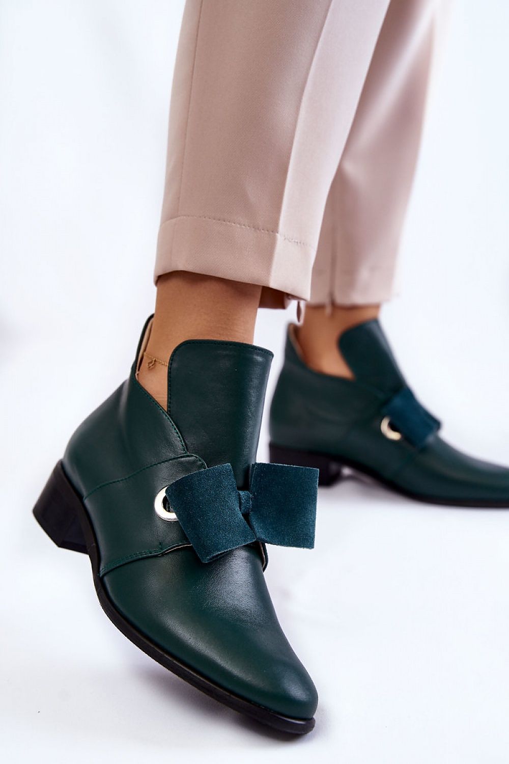 Stylish Women's Natural Leather Half Heel Boots With Decorative Bow - 4cm Heel Height