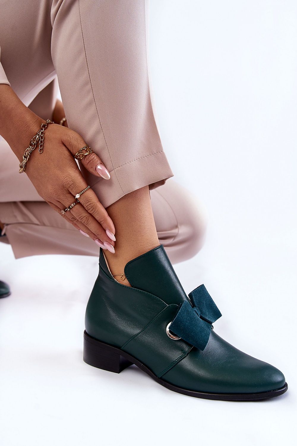 Stylish Women's Natural Leather Half Heel Boots With Decorative Bow - 4cm Heel Height