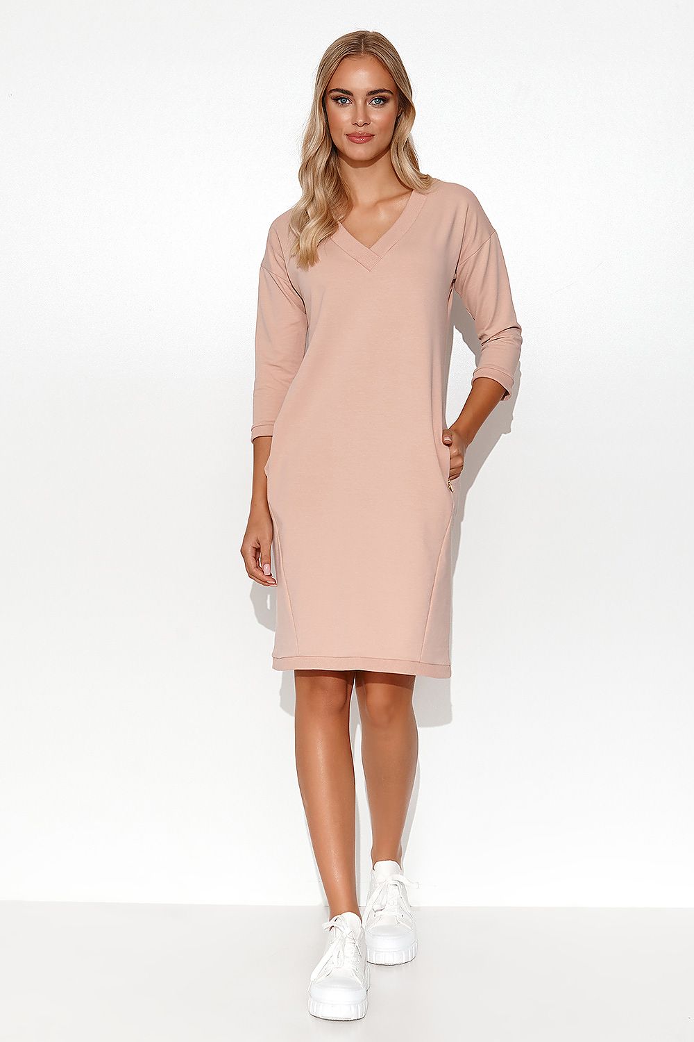 Stylish Makadamia Tracksuit Dress with V-Neck, 3/4 Sleeves and Pockets - Perfect Summer Attire