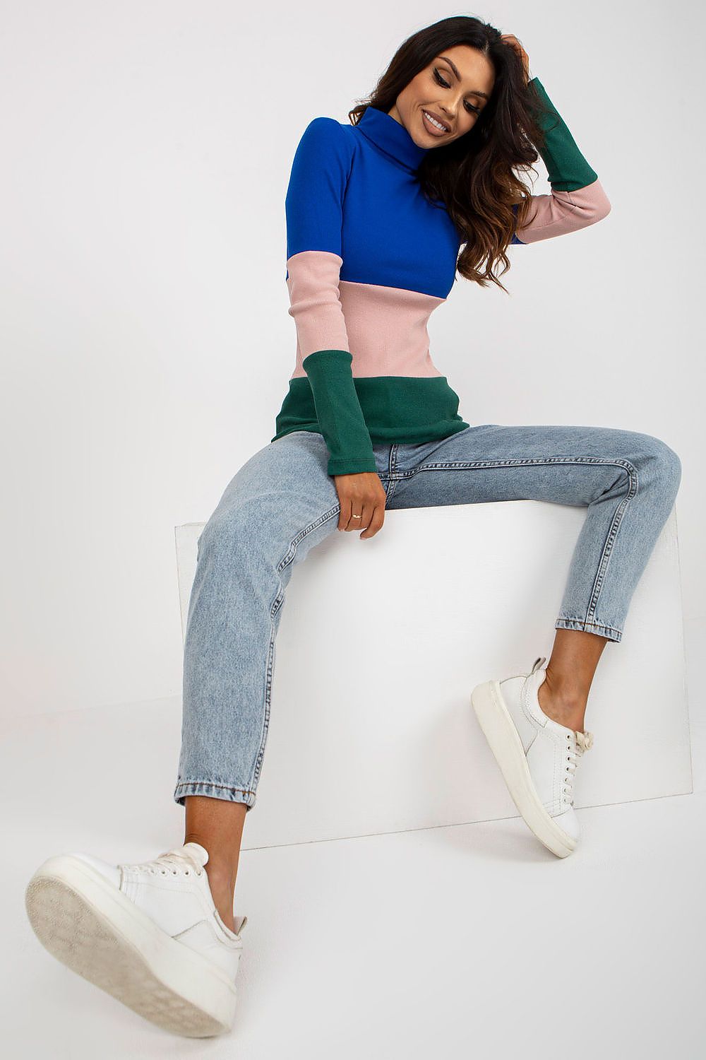 Elegant Women's Ribbed Turtleneck Sweater - Long Sleeve Cotton Blend, Available in 3 Colours