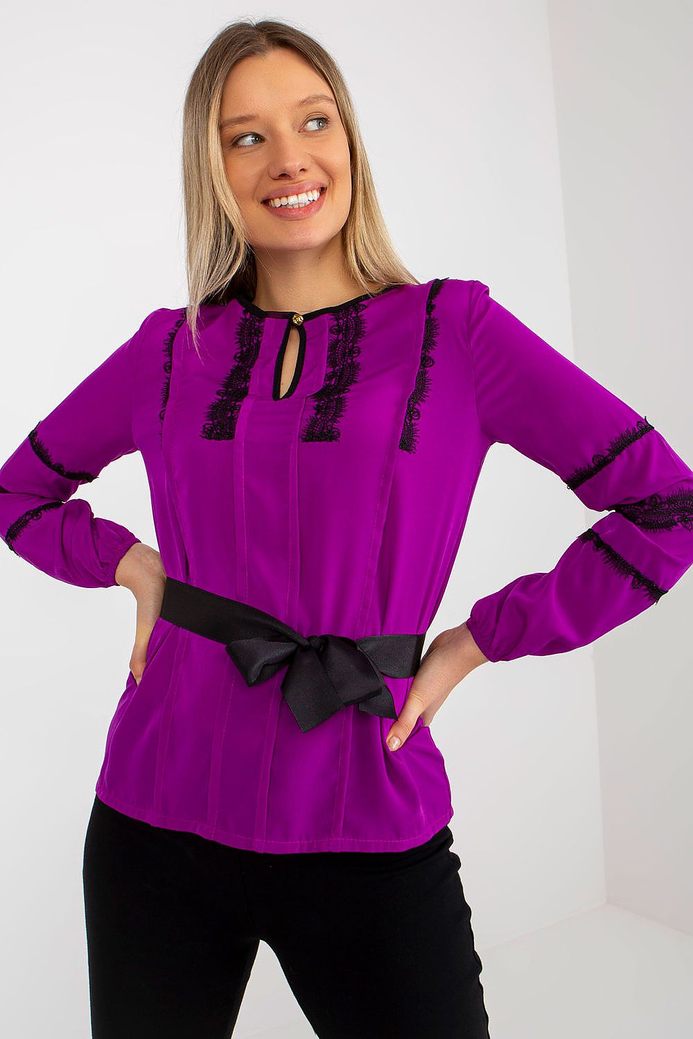 Elegant Lakerta Long Sleeve Blouse with Lace Detailing and Tie Belt for Women