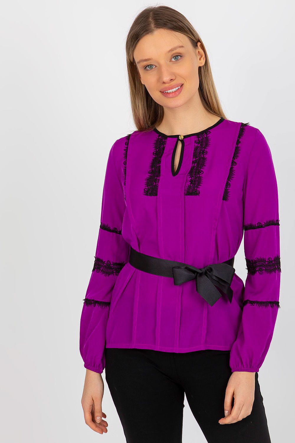 Elegant Lakerta Long Sleeve Blouse with Lace Detailing and Tie Belt for Women