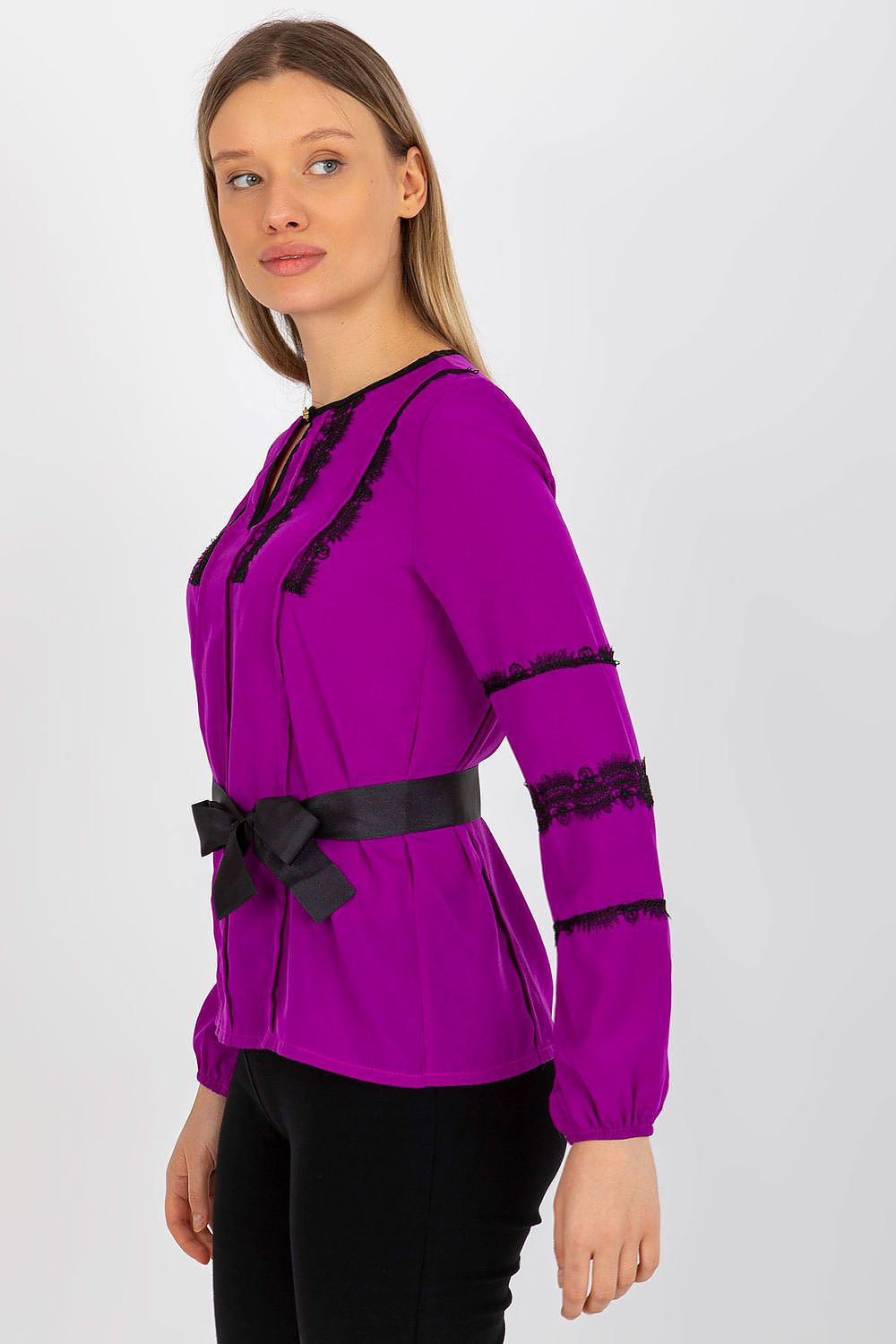 Elegant Lakerta Long Sleeve Blouse with Lace Detailing and Tie Belt for Women