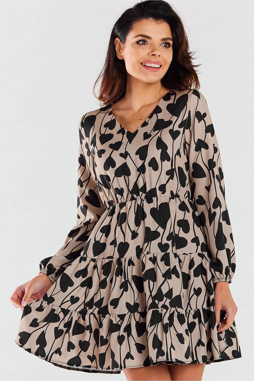 Elegant A470 Mini Dress with Long Sleeves, V Neckline and Charming Frills by Awama