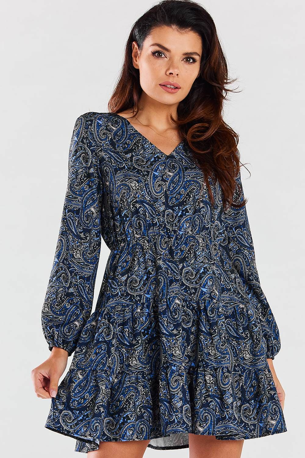 Elegant A470 Mini Dress with Long Sleeves, V Neckline and Charming Frills by Awama