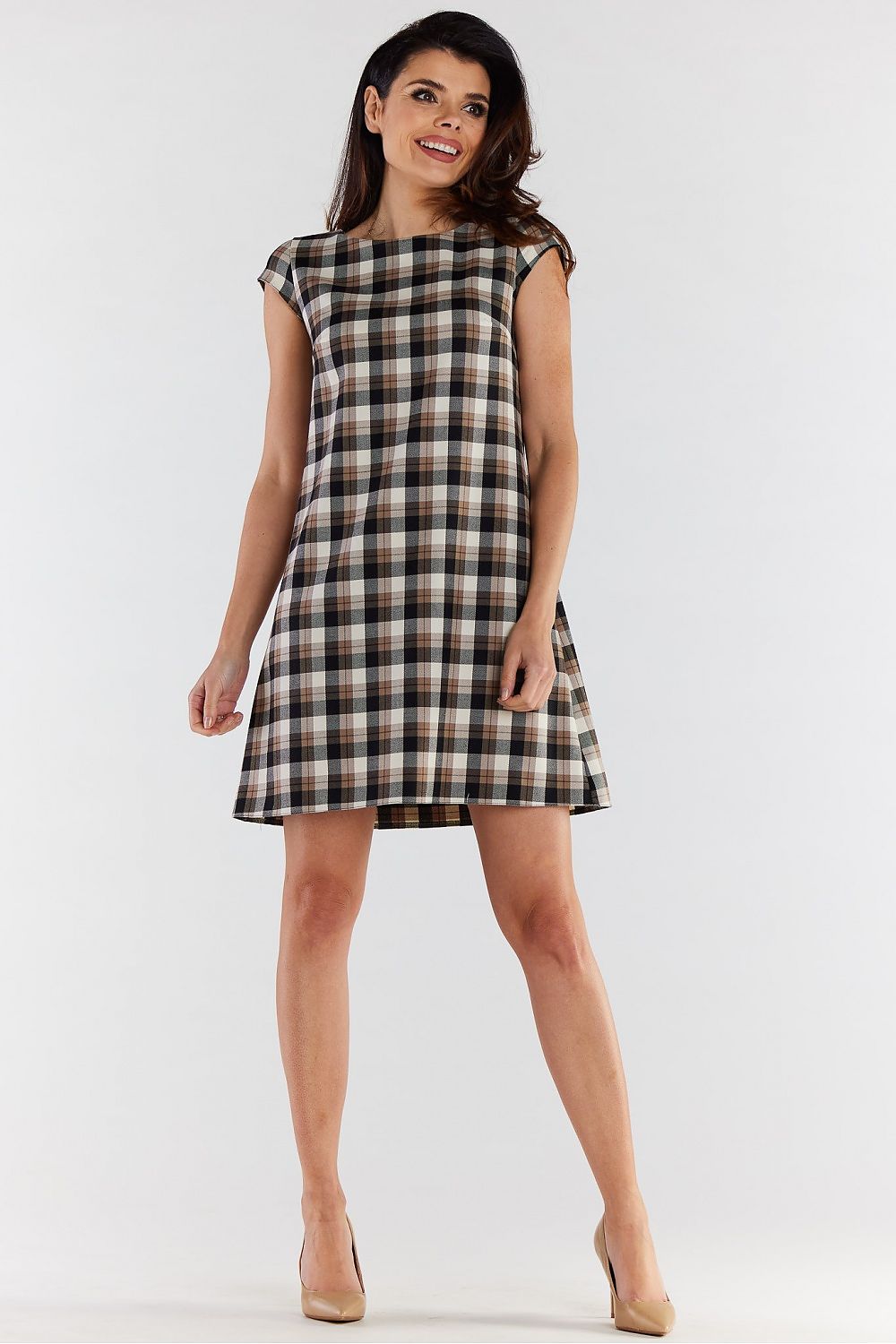Elegant Checkered Mini Dress With Short Sleeves | Loose Trapezoidal Cut by Awama