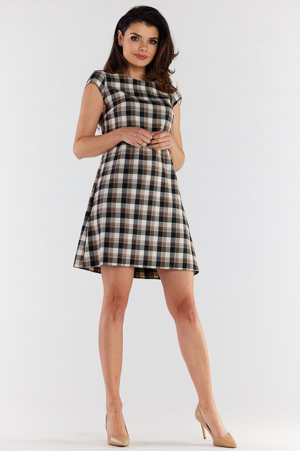 Elegant Checkered Mini Dress With Short Sleeves | Loose Trapezoidal Cut by Awama