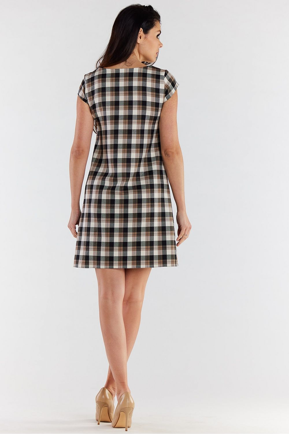 Elegant Checkered Mini Dress With Short Sleeves | Loose Trapezoidal Cut by Awama