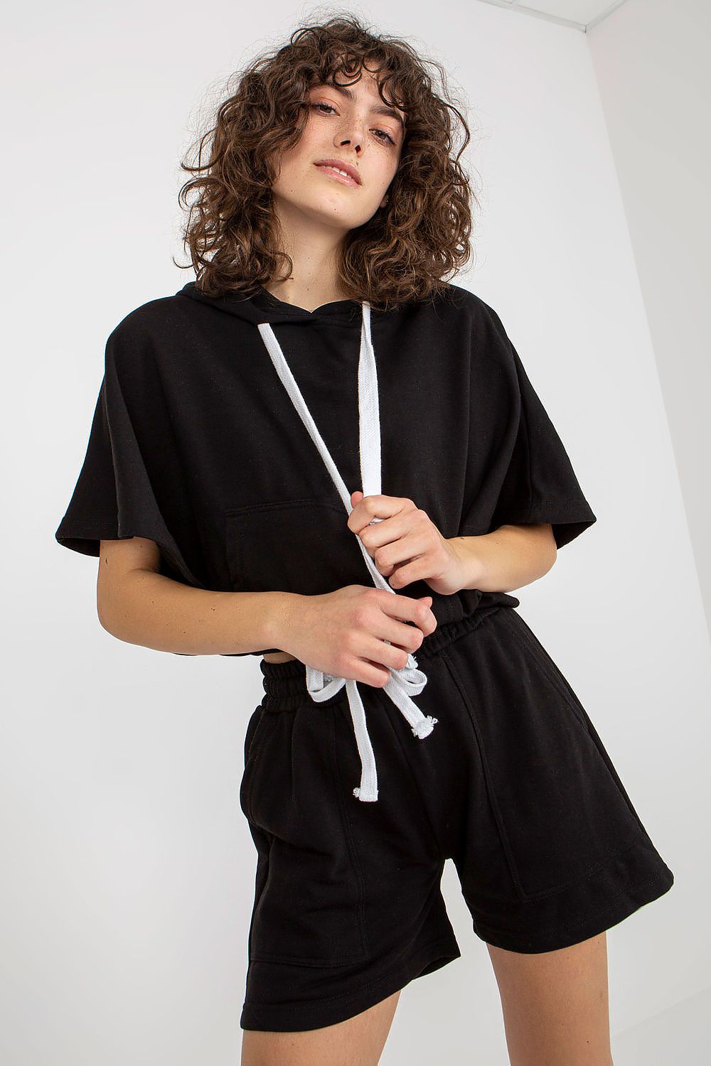 Luxury Ex Moda Tracksuit Set: Cotton Blend Blouse with Hoodie & Tie Waist Shorts