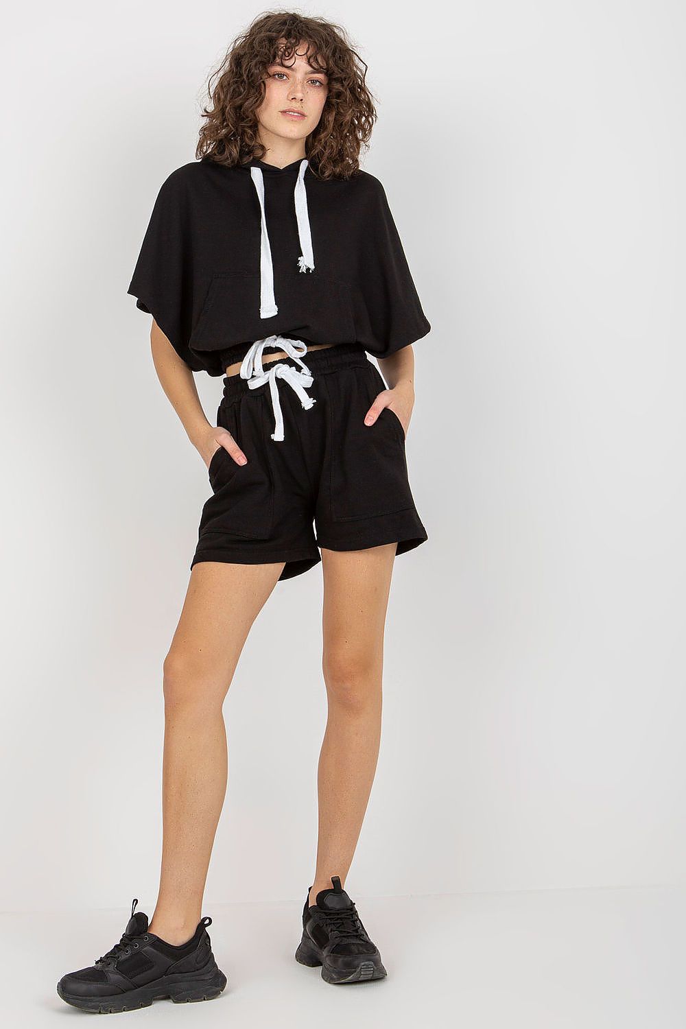 Luxury Ex Moda Tracksuit Set: Cotton Blend Blouse with Hoodie & Tie Waist Shorts