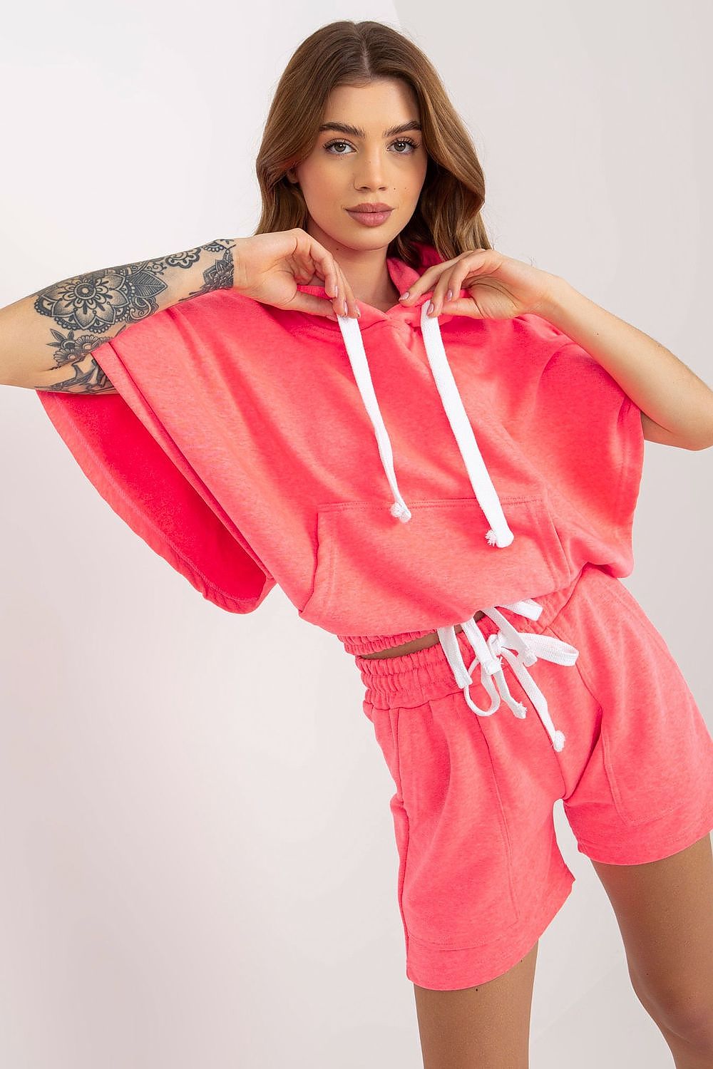 Luxury Ex Moda Tracksuit Set: Cotton Blend Blouse with Hoodie & Tie Waist Shorts