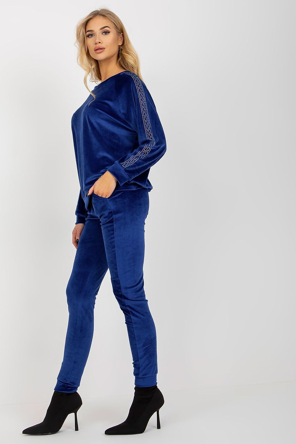 Elegant Velour Set with Rhinestone Sleeves, Blouse and Long Pants for Sophisticated Style