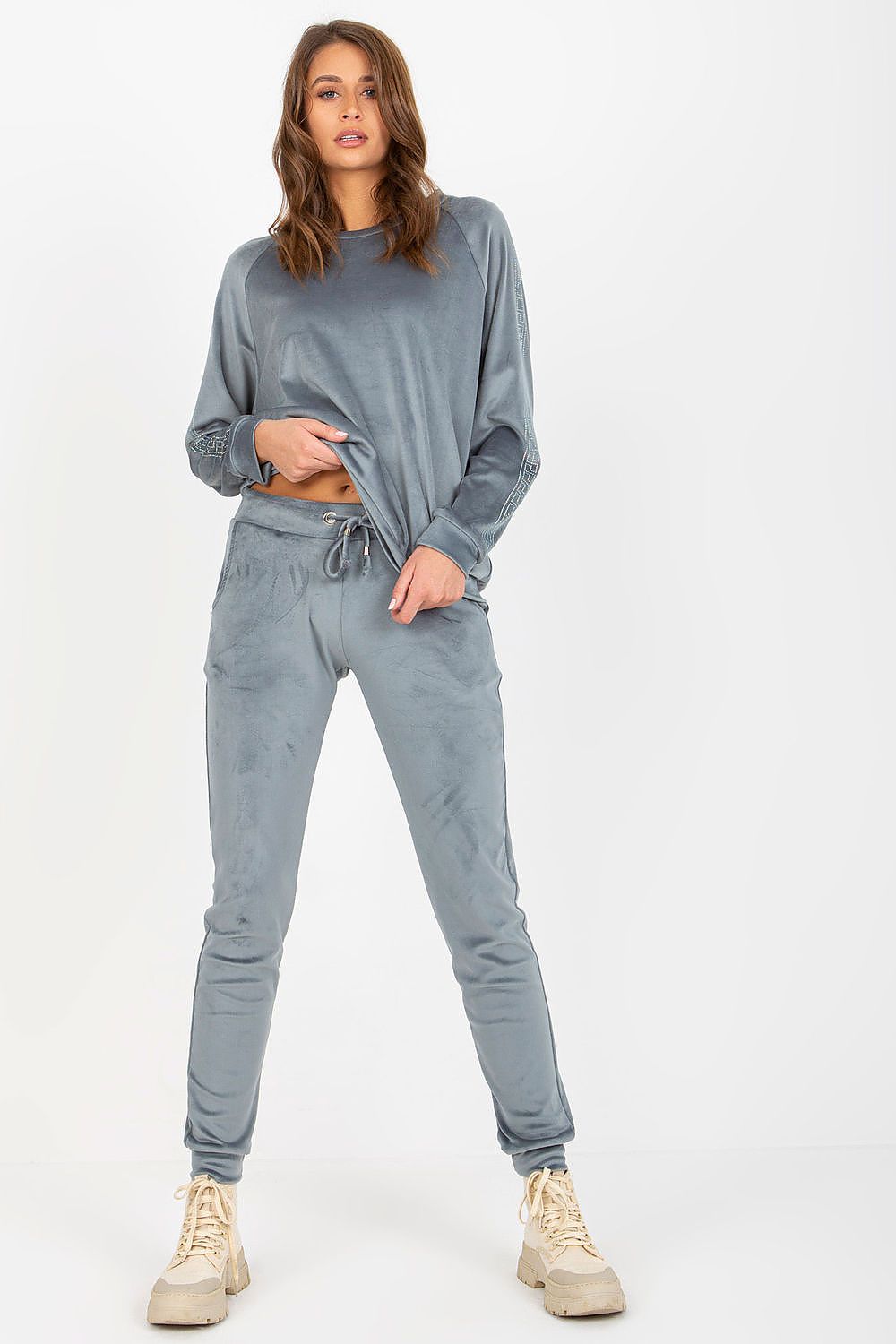 Elegant Velour Set with Rhinestone Sleeves, Blouse and Long Pants for Sophisticated Style