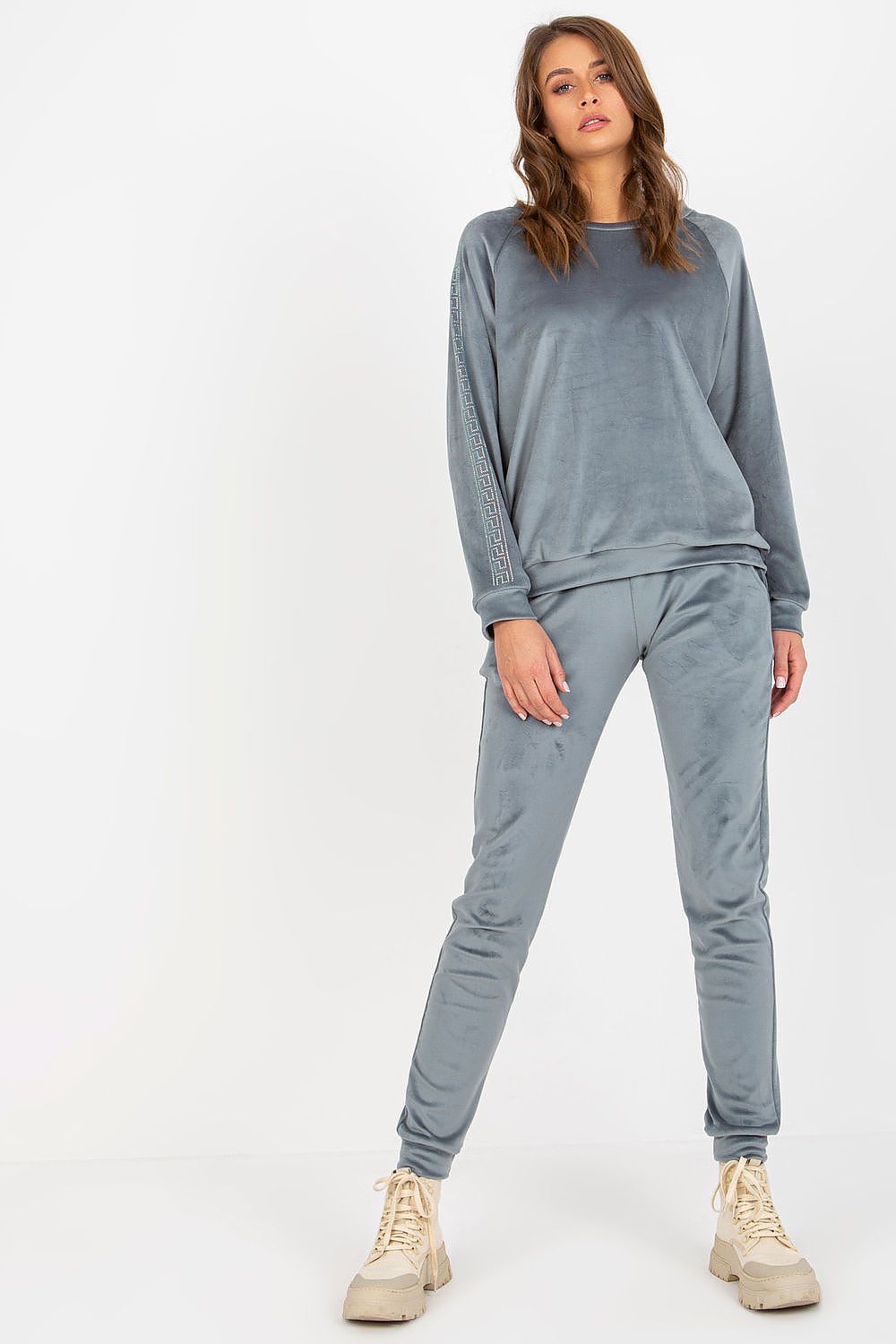 Elegant Velour Set with Rhinestone Sleeves, Blouse and Long Pants for Sophisticated Style