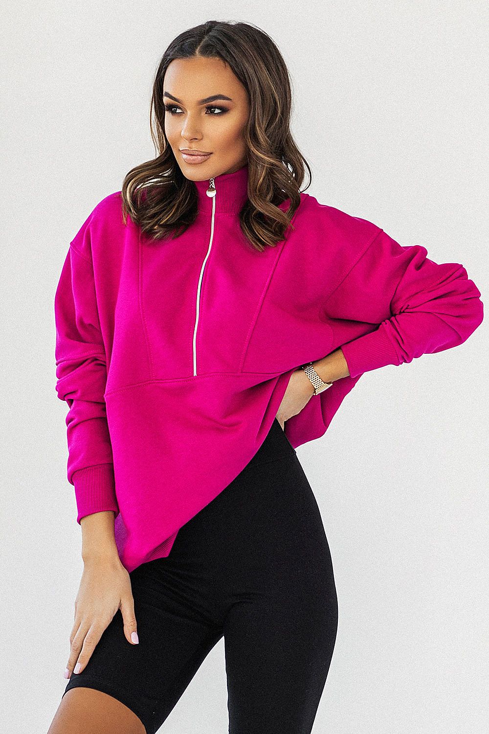 IVON Oversized Sweatshirt With Striking Collar & Adjustable Zipper – Elegant Comfort Wear