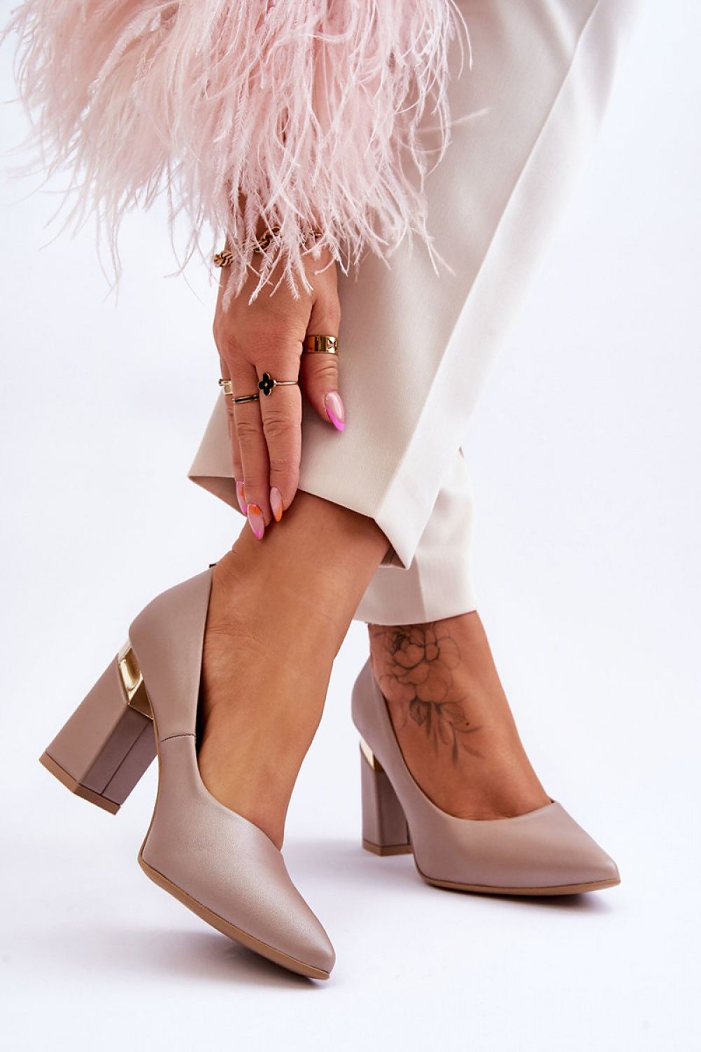 Elegant 9Cm Block Heel Pumps in Natural Leather with Unique Heel Detail by Lewski Shoes