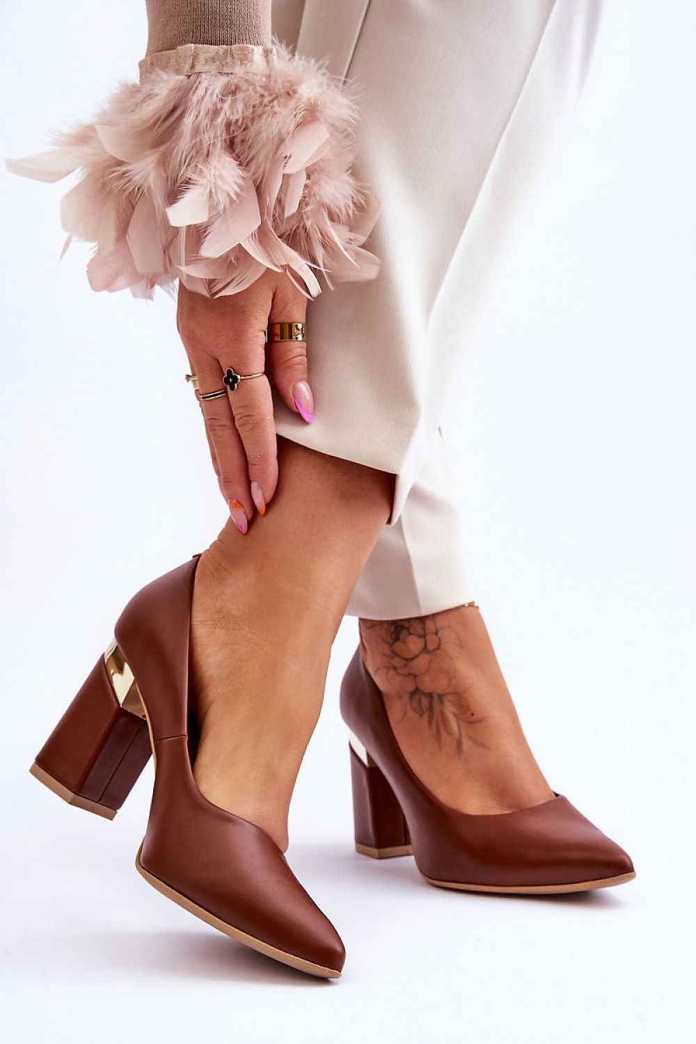 Elegant 9Cm Block Heel Pumps in Natural Leather with Unique Heel Detail by Lewski Shoes