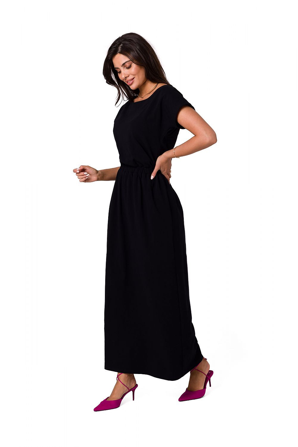 BeWear Cotton Maxi Dress with Asymmetrical Neckline and Elastic Waistband