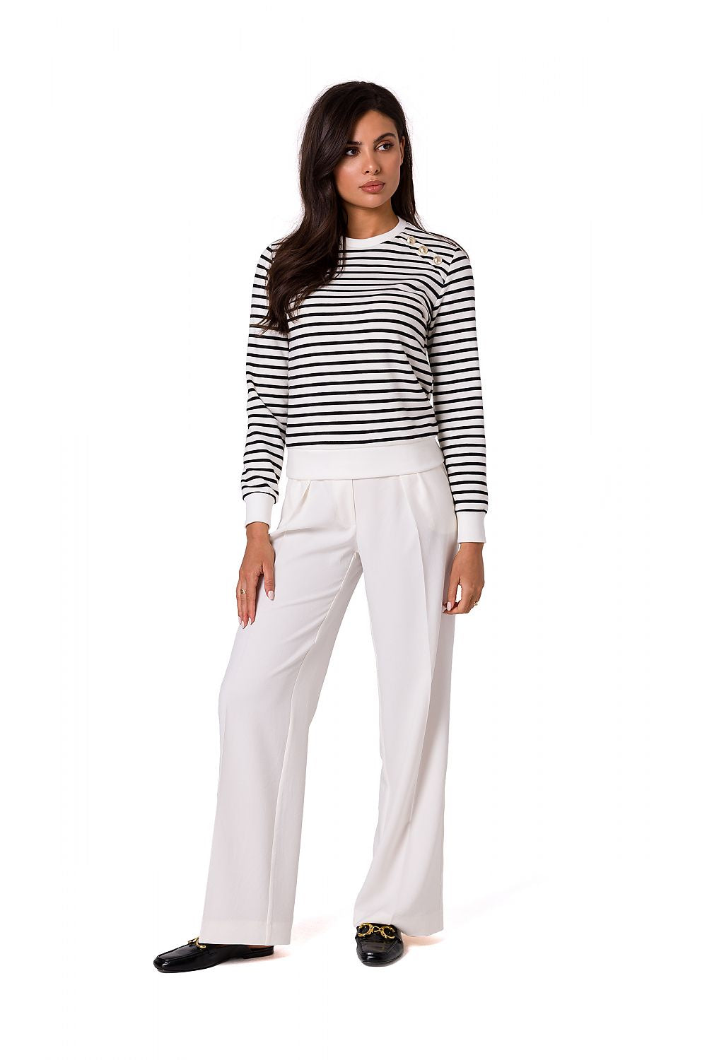 Navy Striped Cotton Knit Sweatshirt with Gold Buttons by BeWear - Sporty Elegance in Style