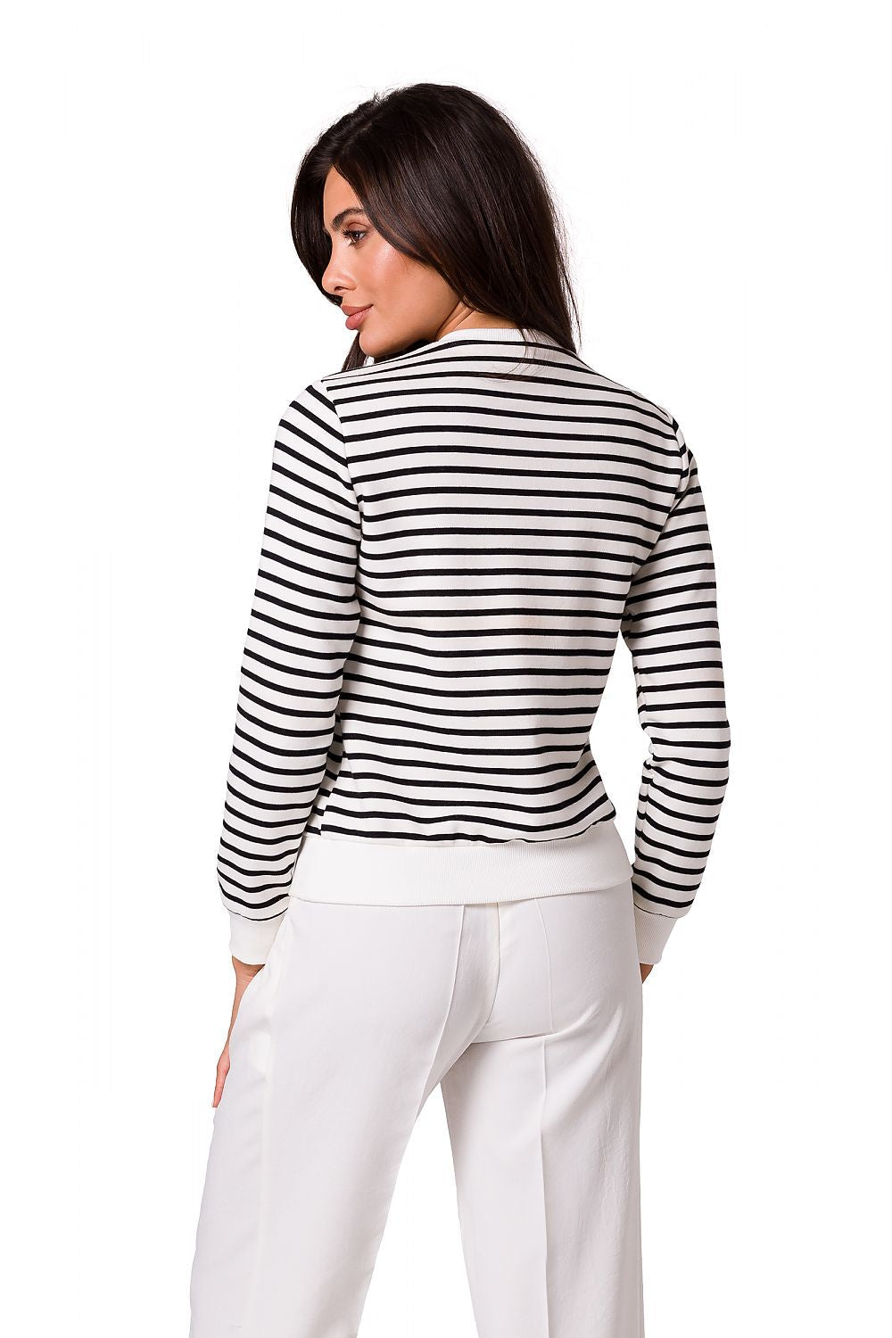 Navy Striped Cotton Knit Sweatshirt with Gold Buttons by BeWear - Sporty Elegance in Style