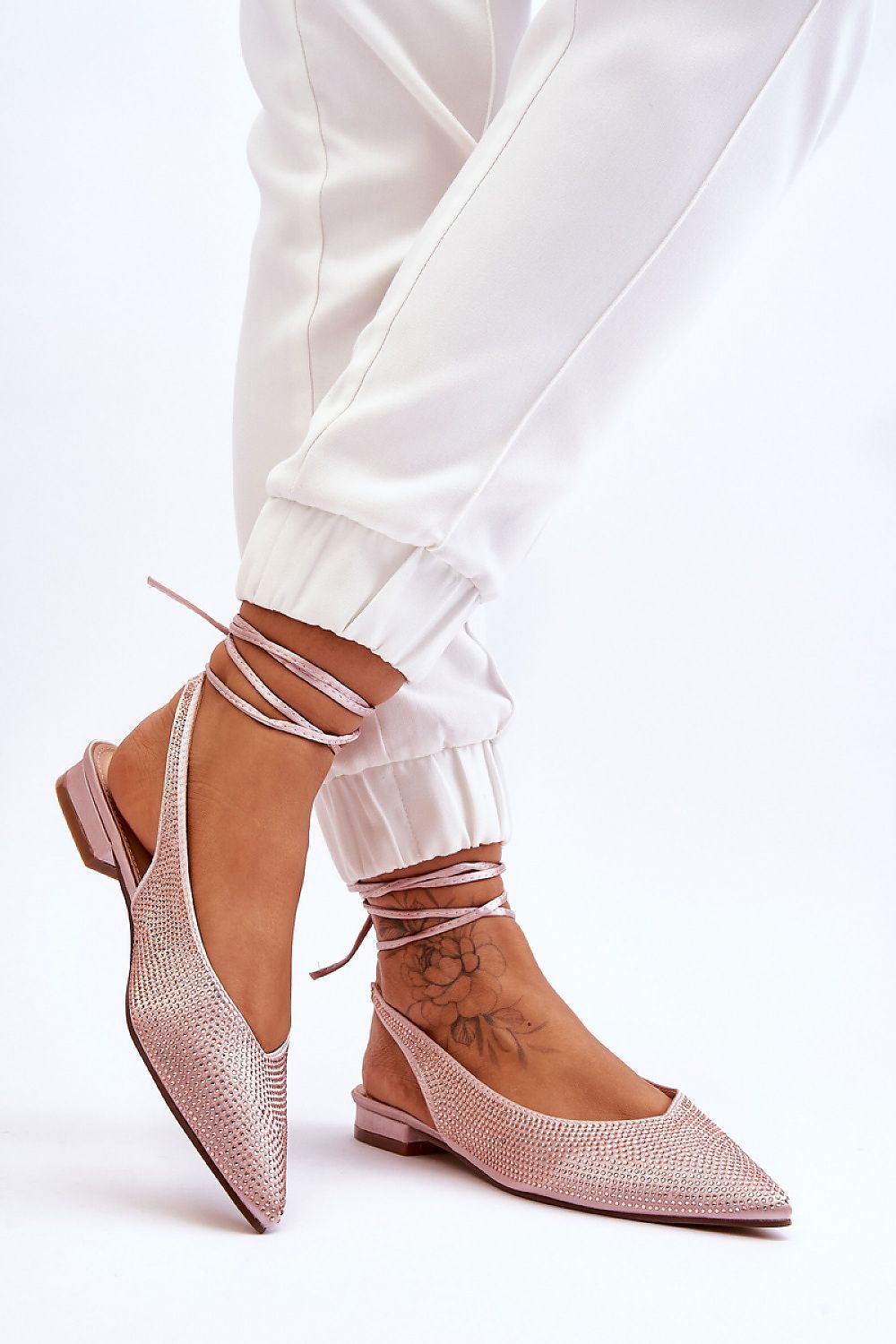 Luxury Rhinestone-Embellished Strappy Ballerina Flats with Open Heel - Comfortable Eco Leather Insole