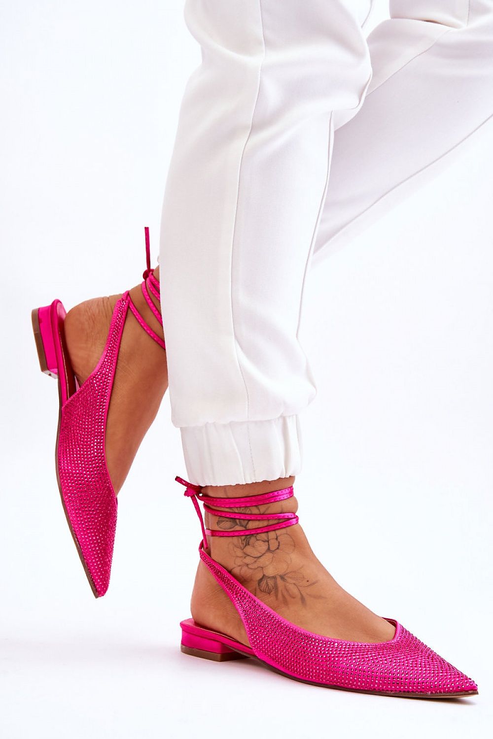 Luxury Rhinestone-Embellished Strappy Ballerina Flats with Open Heel - Comfortable Eco Leather Insole