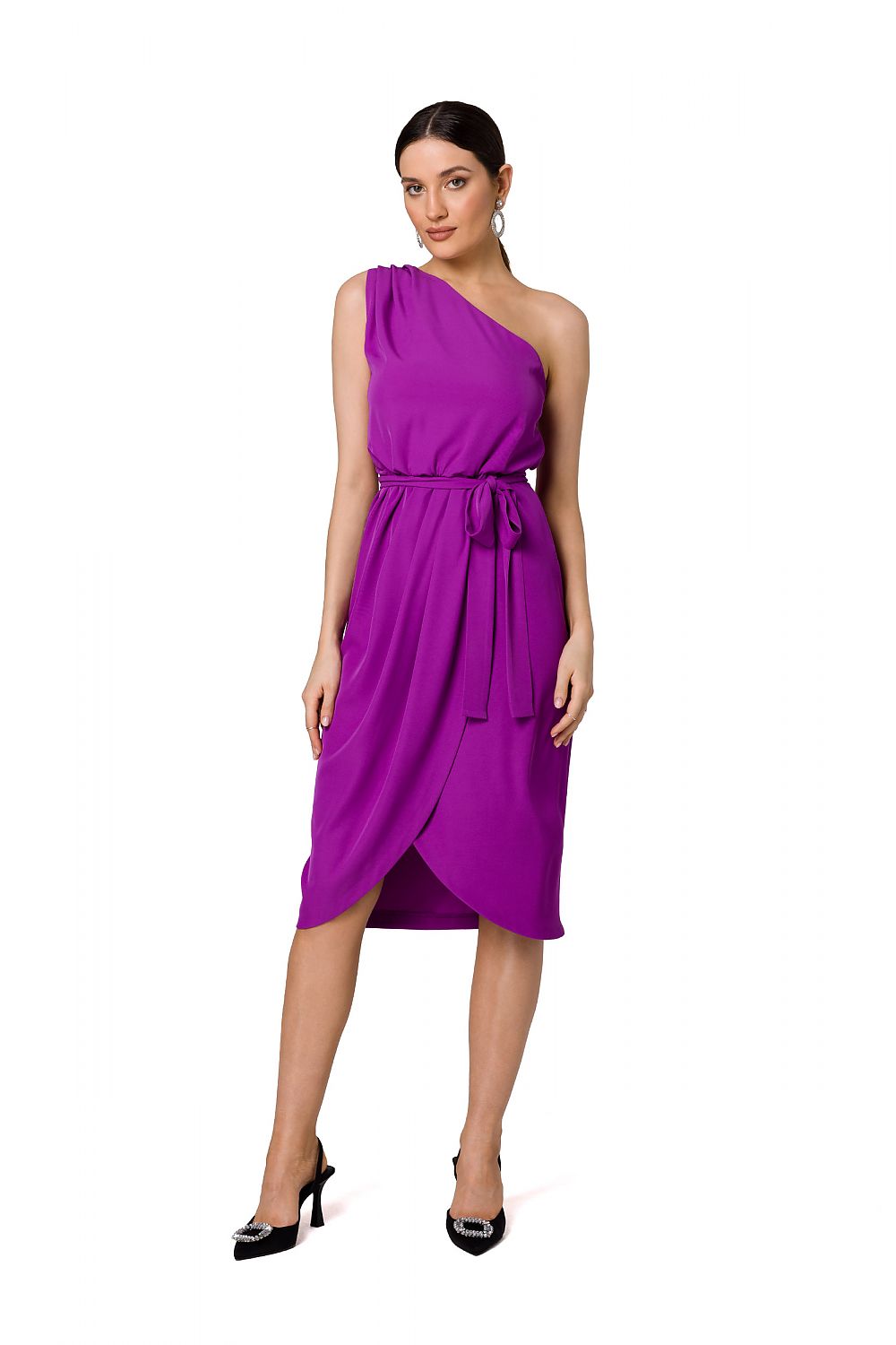 Elegant One-Shoulder Cocktail Dress with Draped Detailing and Belt by Makover