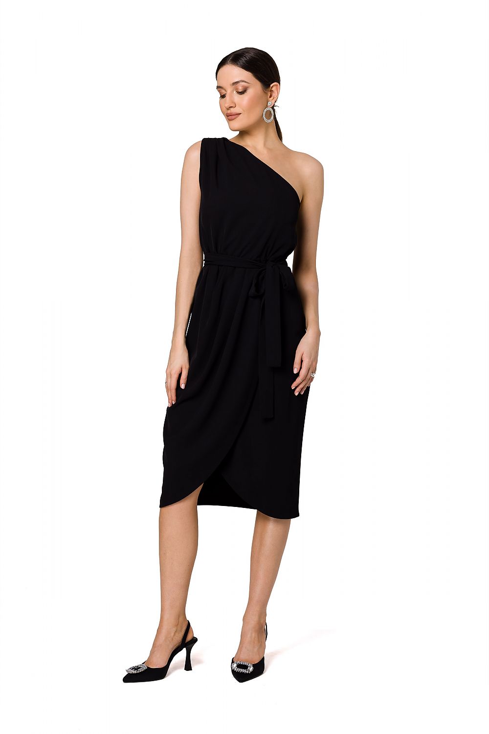 Elegant One-Shoulder Cocktail Dress with Draped Detailing and Belt by Makover