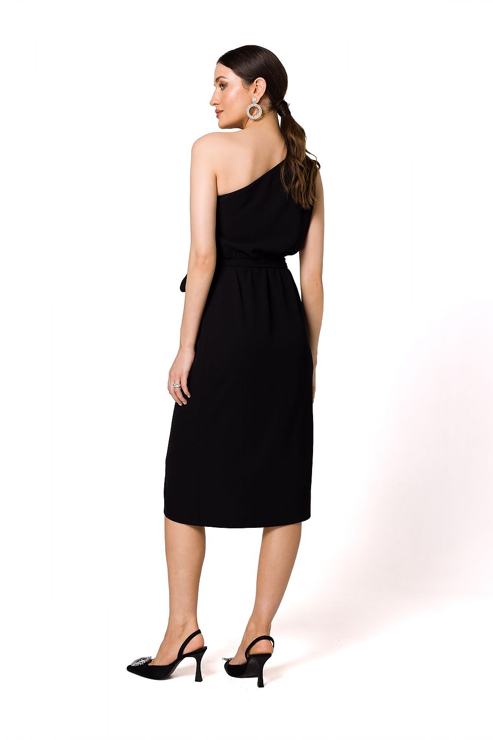 Elegant One-Shoulder Cocktail Dress with Draped Detailing and Belt by Makover