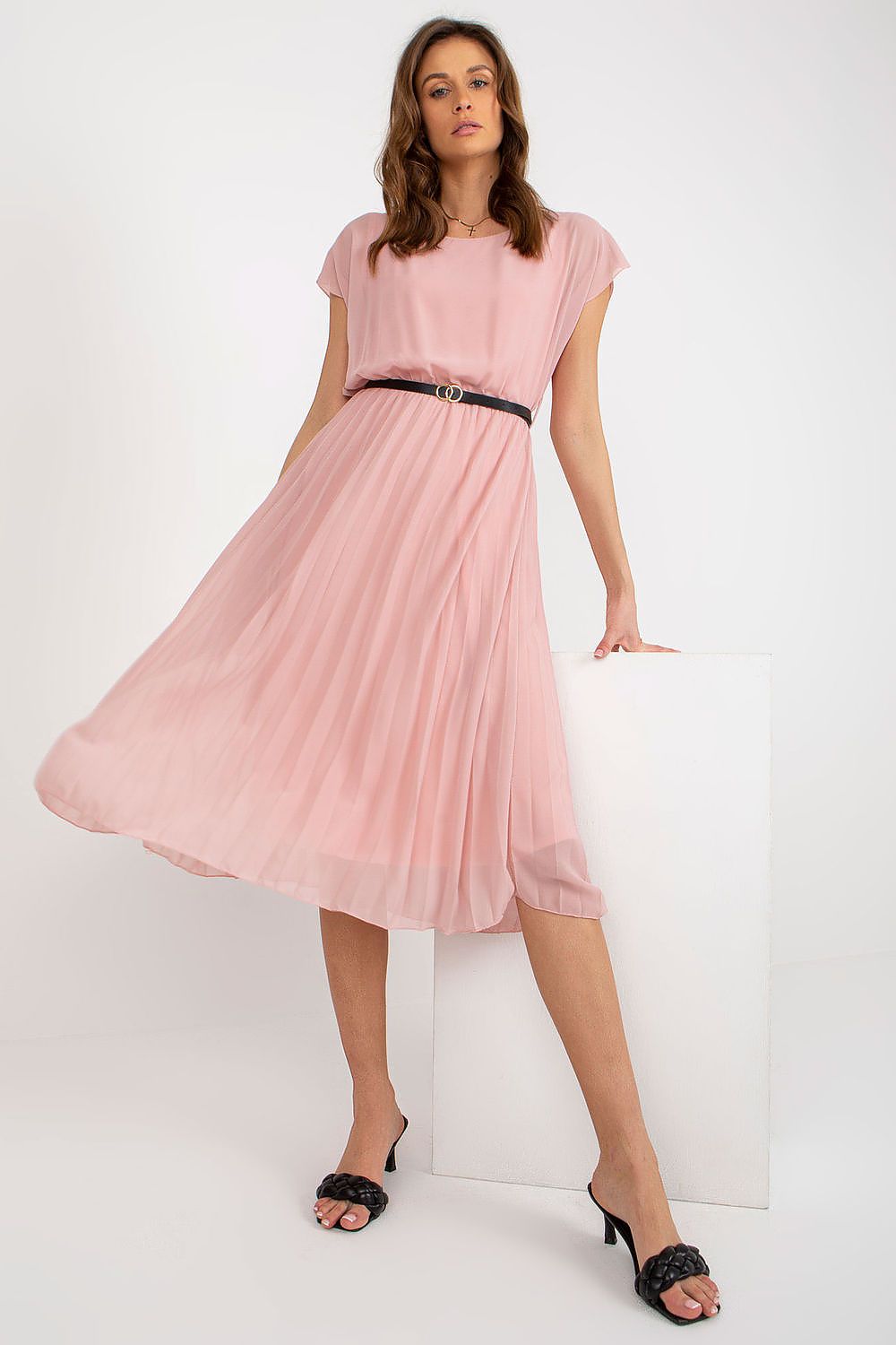 Elegant Italy Moda Cocktail Dress with Pleated Skirt and Black Belt for Formal Events