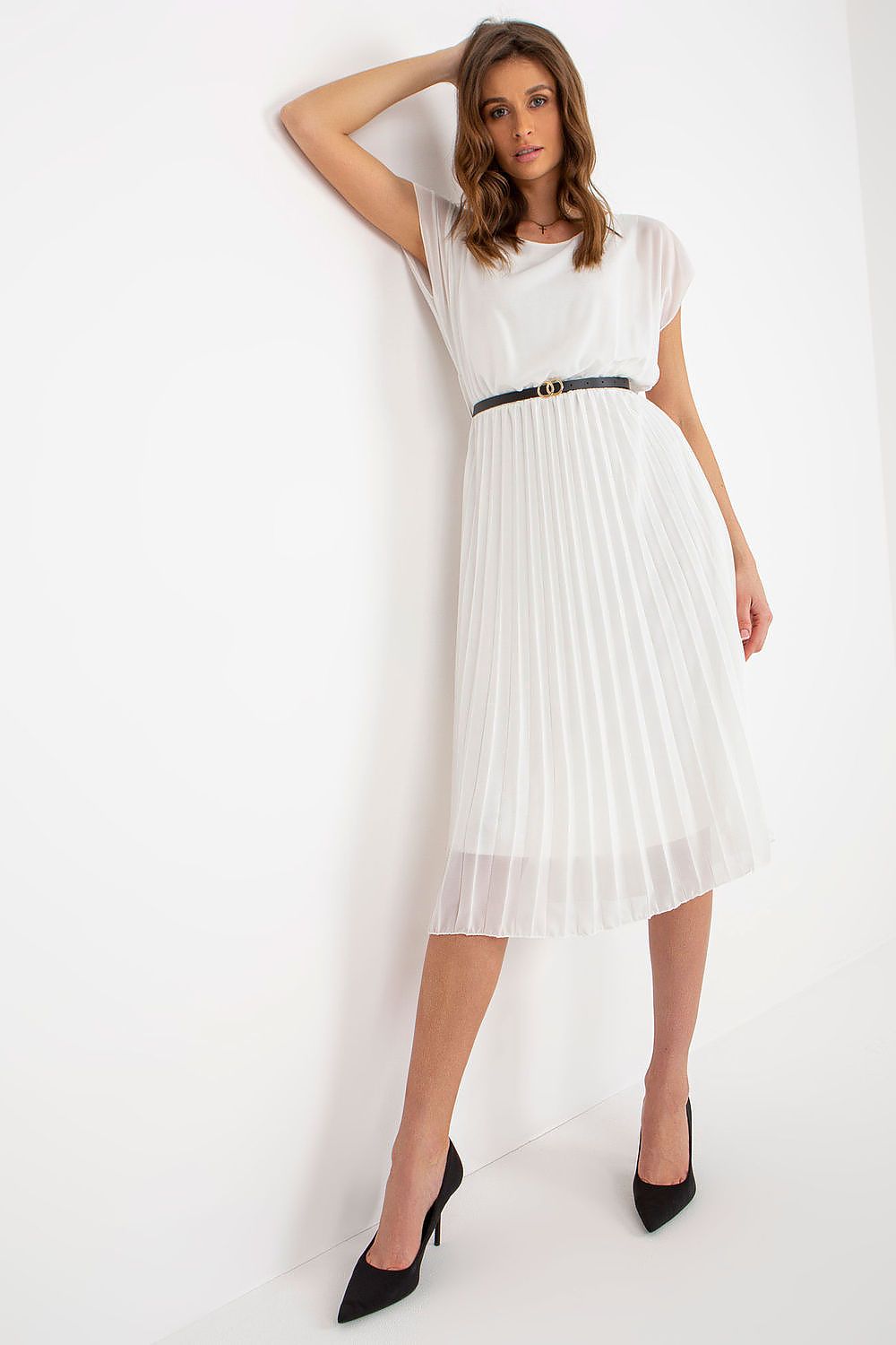 Elegant Italy Moda Cocktail Dress with Pleated Skirt and Black Belt for Formal Events